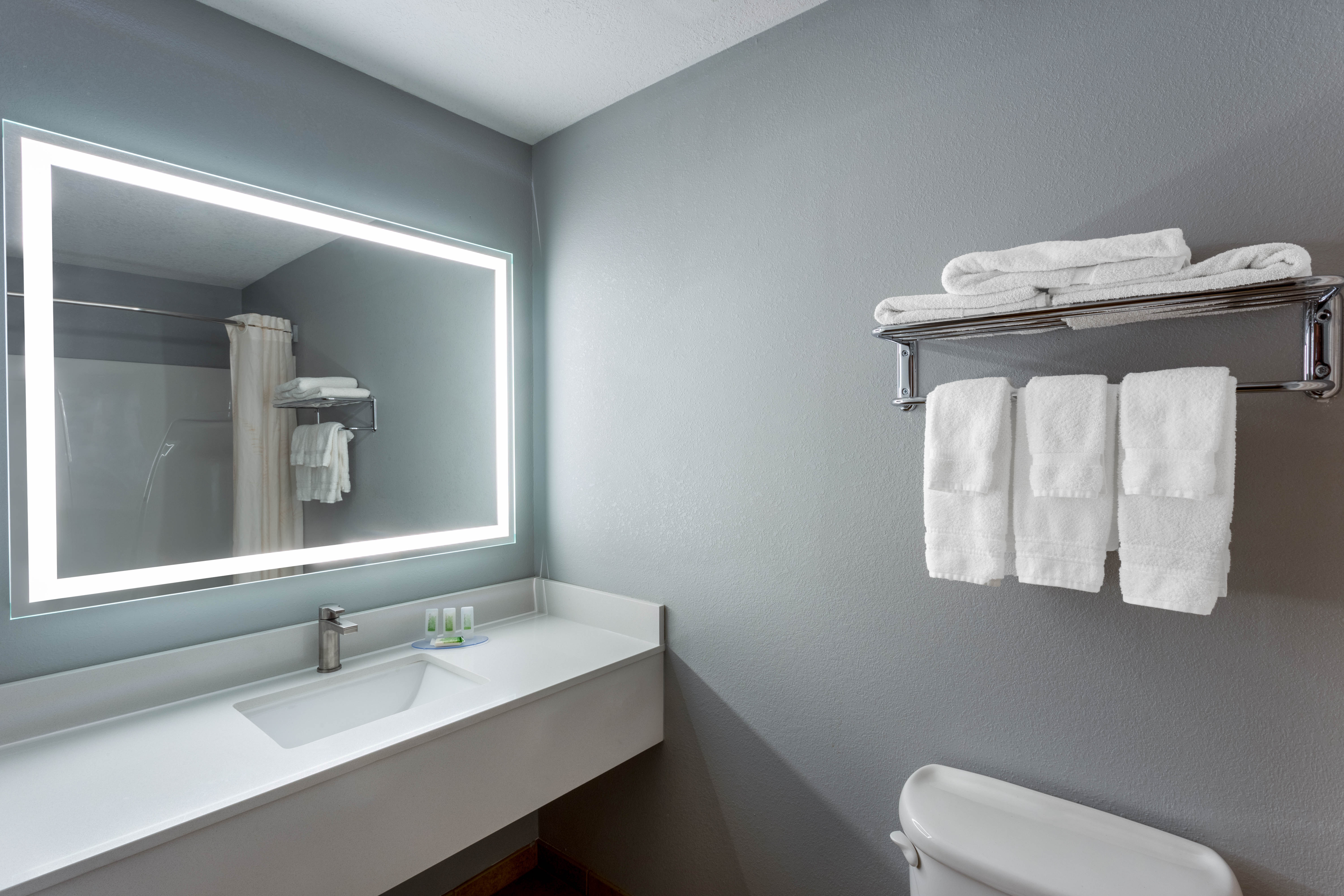 Guest room bath at the AmericInn by Wyndham Fulton Clinton in Fulton, Illinois