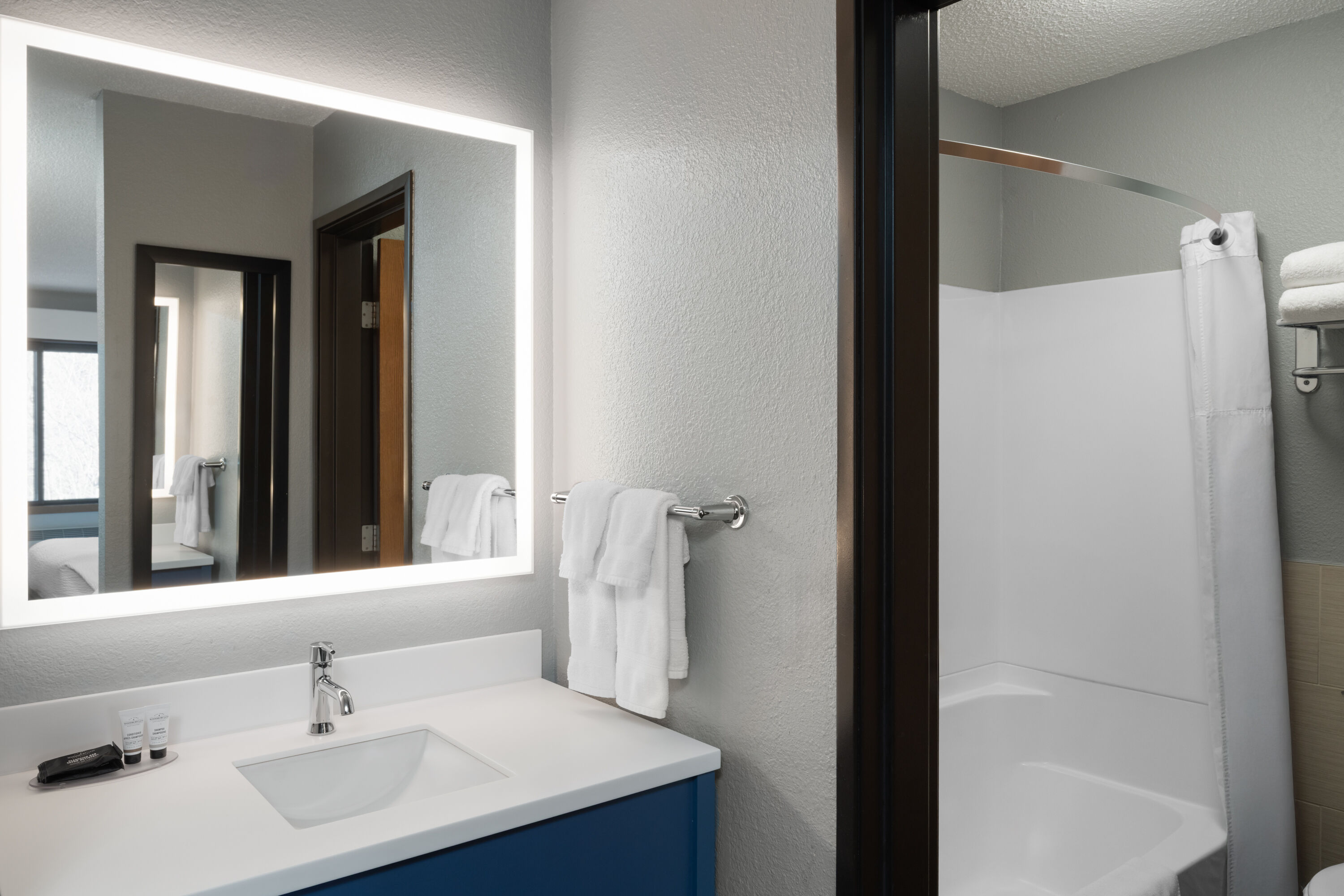 Guest room bath at the AmericInn by Wyndham Tofte Near Lake Superior in Tofte, Minnesota