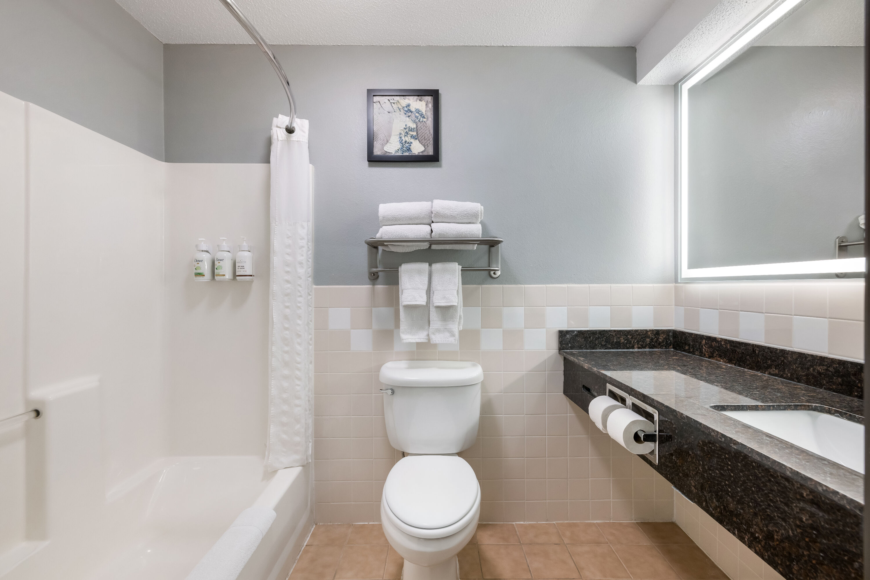Guest room bath at the AmericInn by Wyndham Aberdeen Event Center in Aberdeen, South Dakota