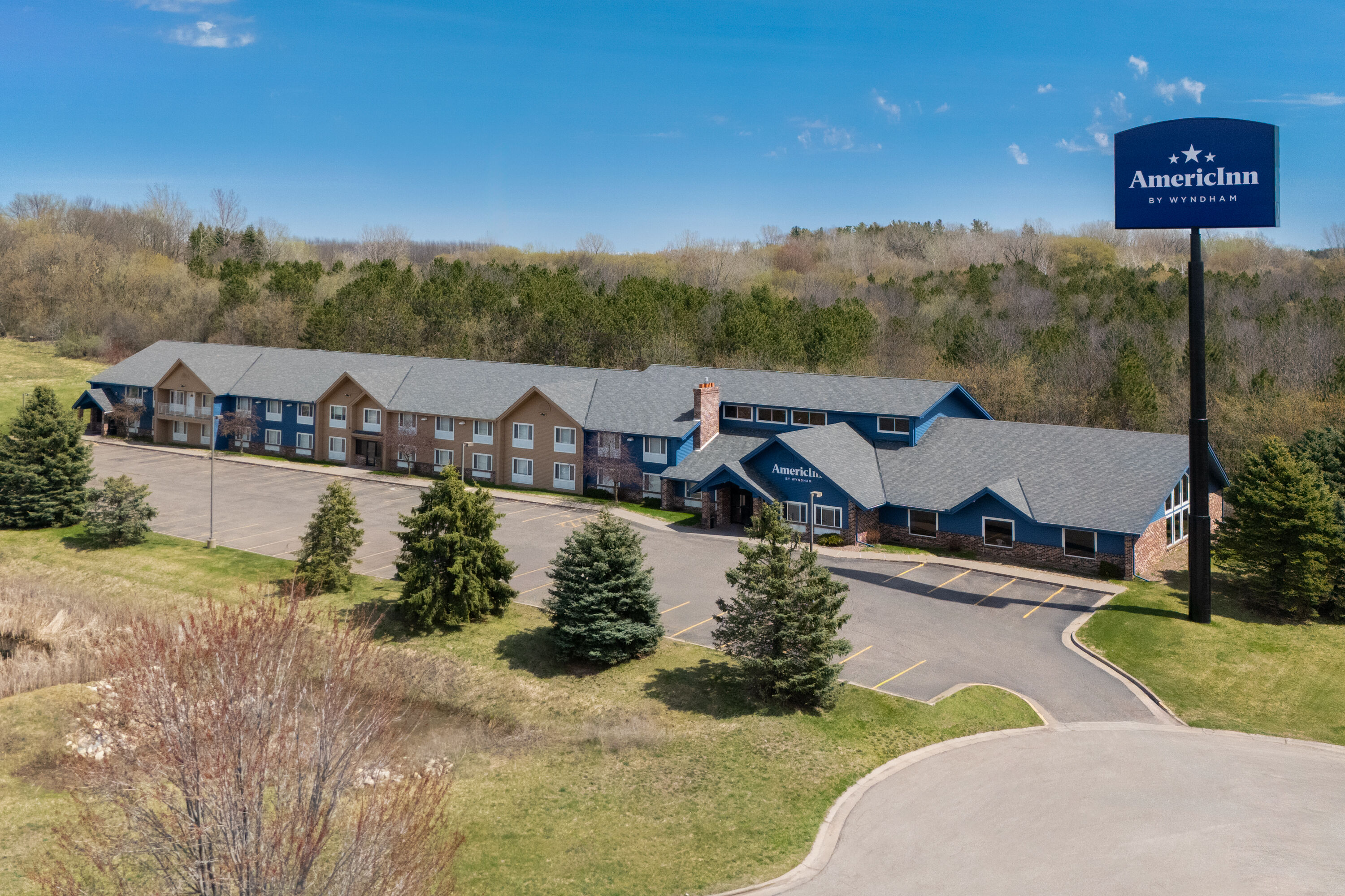 Aerial View of AmericInn by Wyndham Baldwin hotel in Baldwin, Wisconsin
