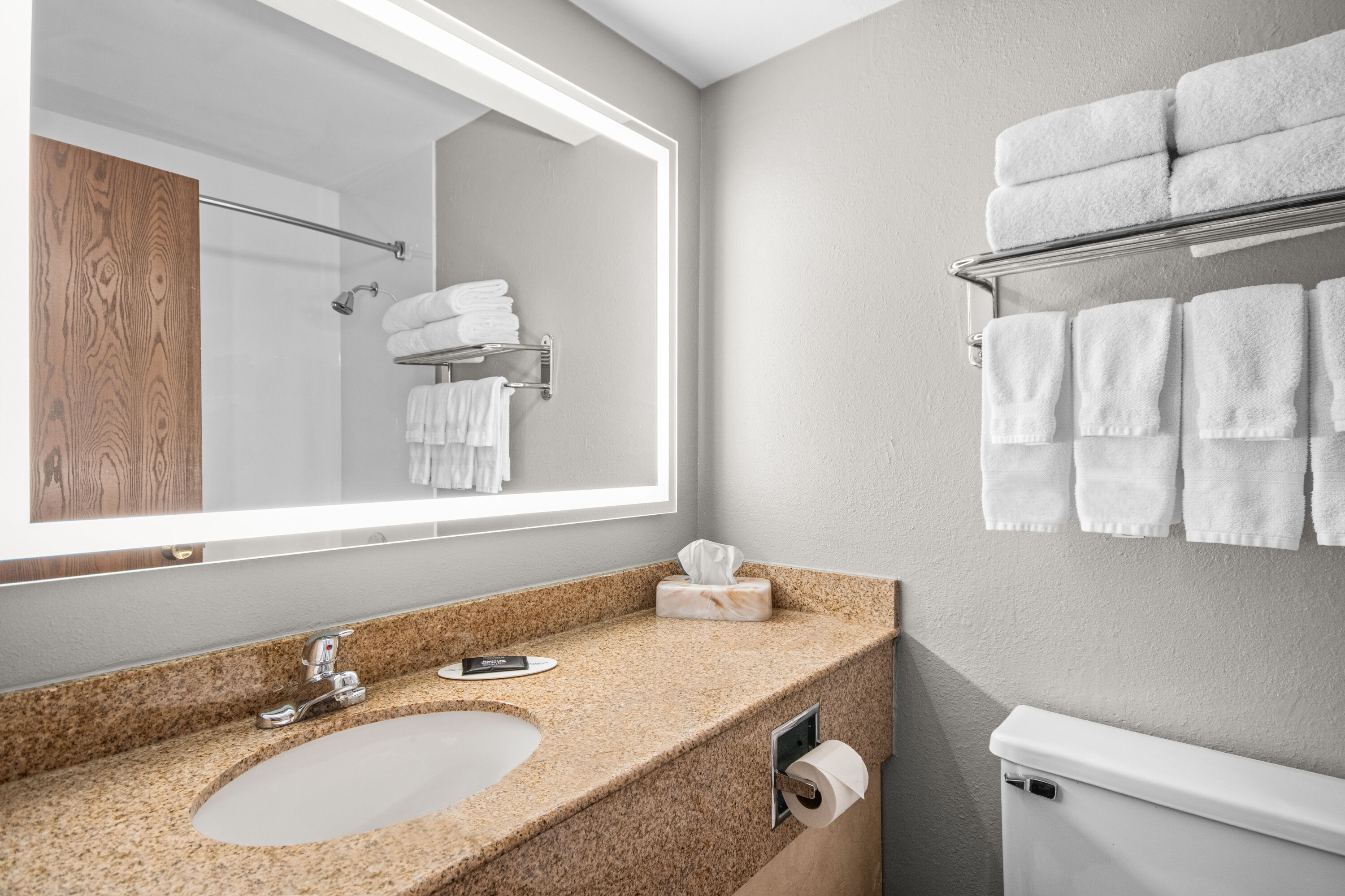 Guest room bath at the AmericInn by Wyndham Beloit in Beloit, Wisconsin