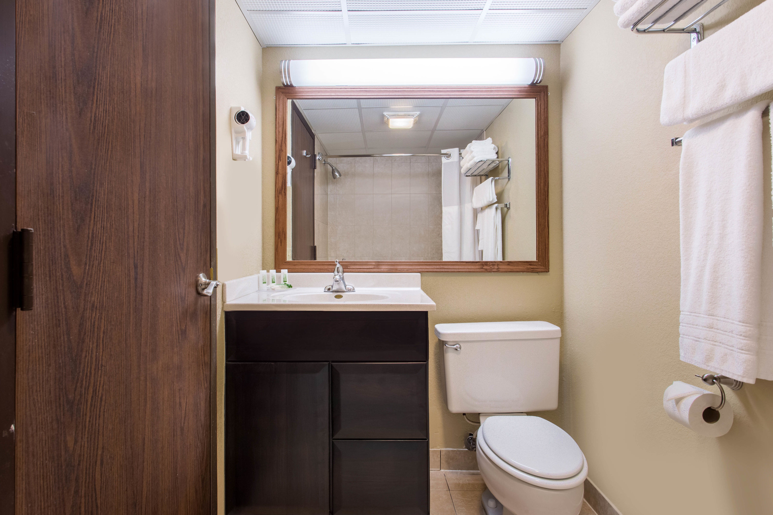 Guest room bath at the AmericInn by Wyndham Janesville in Janesville, Wisconsin