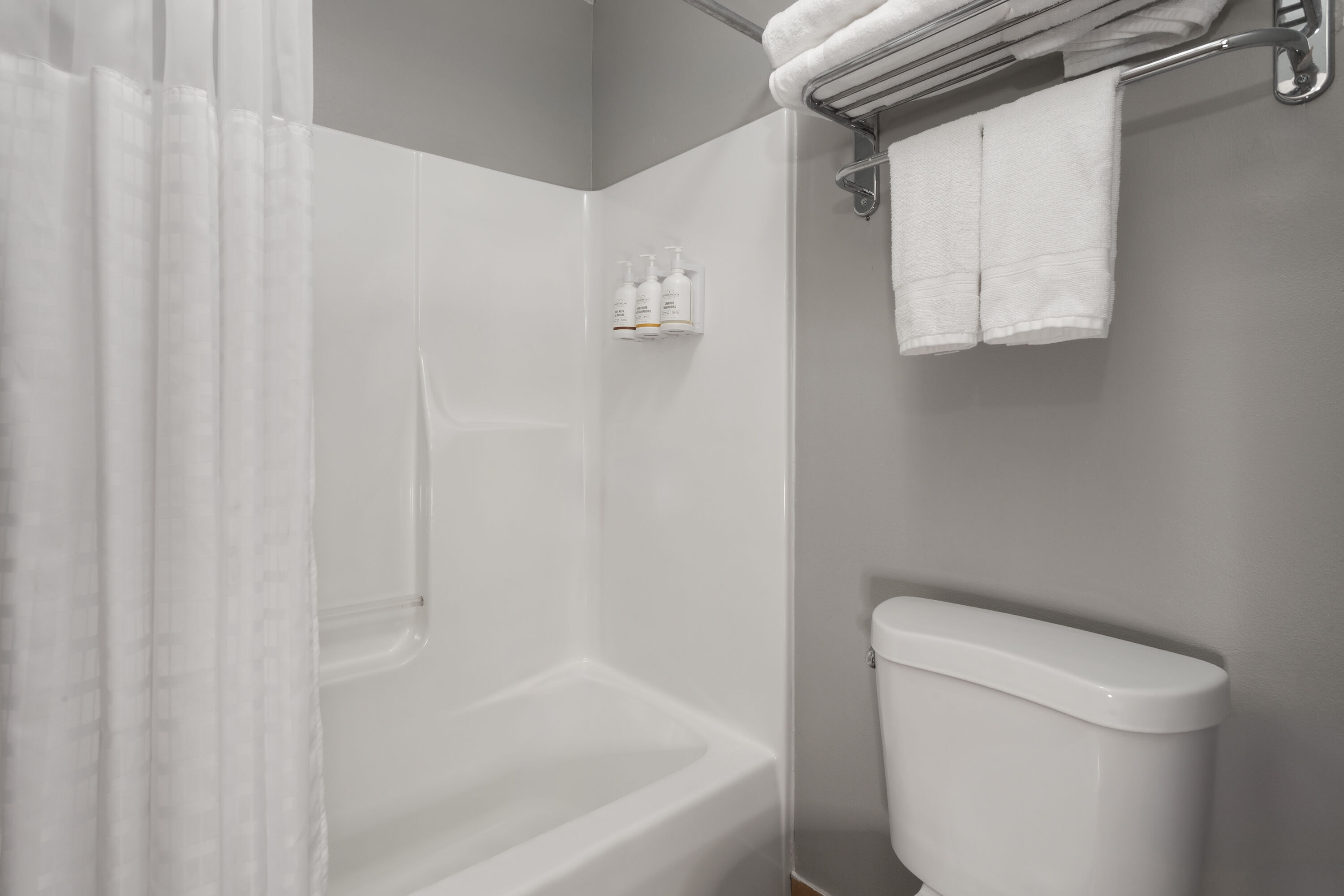 Guest room bath at the AmericInn by Wyndham Lake Mills in Lake Mills, Wisconsin