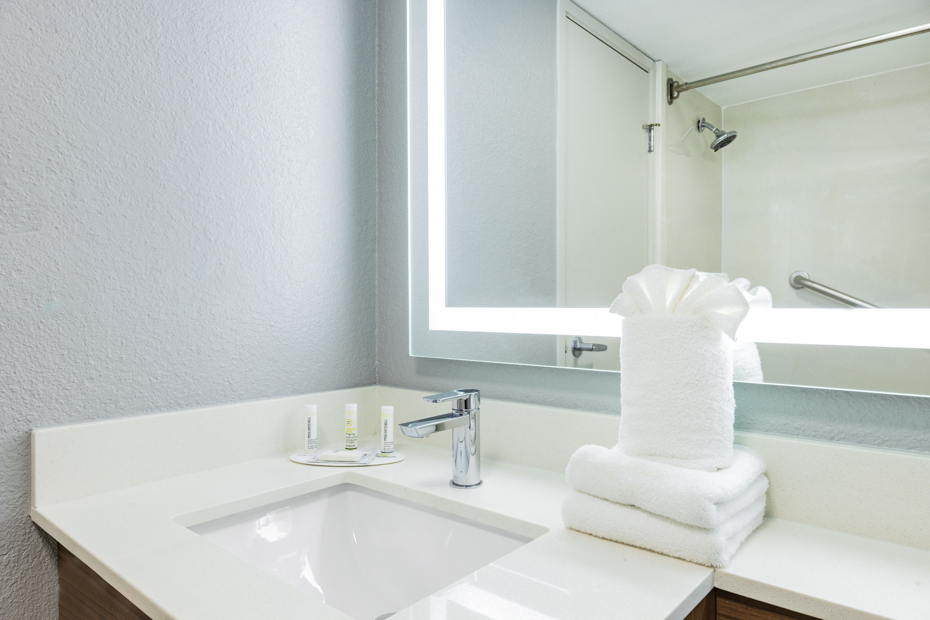 Guest room bath at the Hawthorn Extended Stay by Wyndham Wichita Airport in Wichita, Kansas
