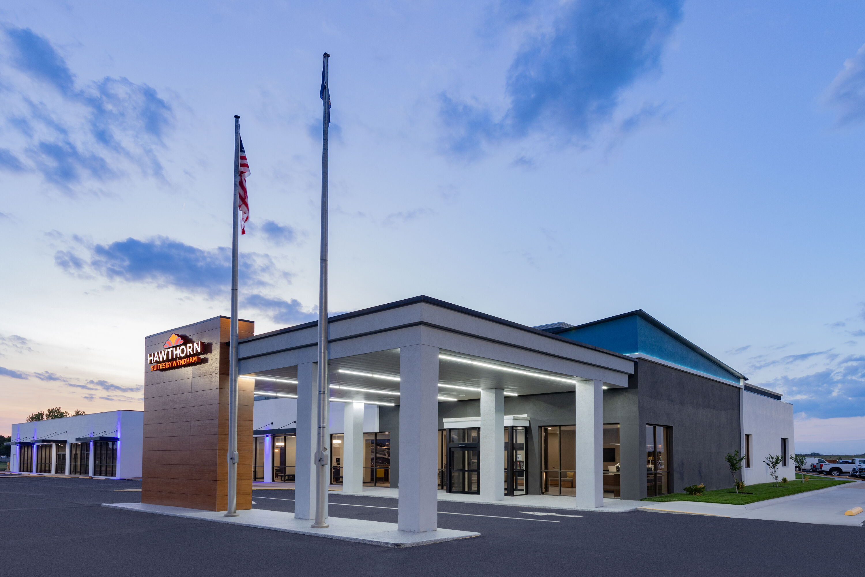 Exterior Dusk Image of Hawthorn Extended Stay by Wyndham Wichita Airport hotel in Wichita, Kansas