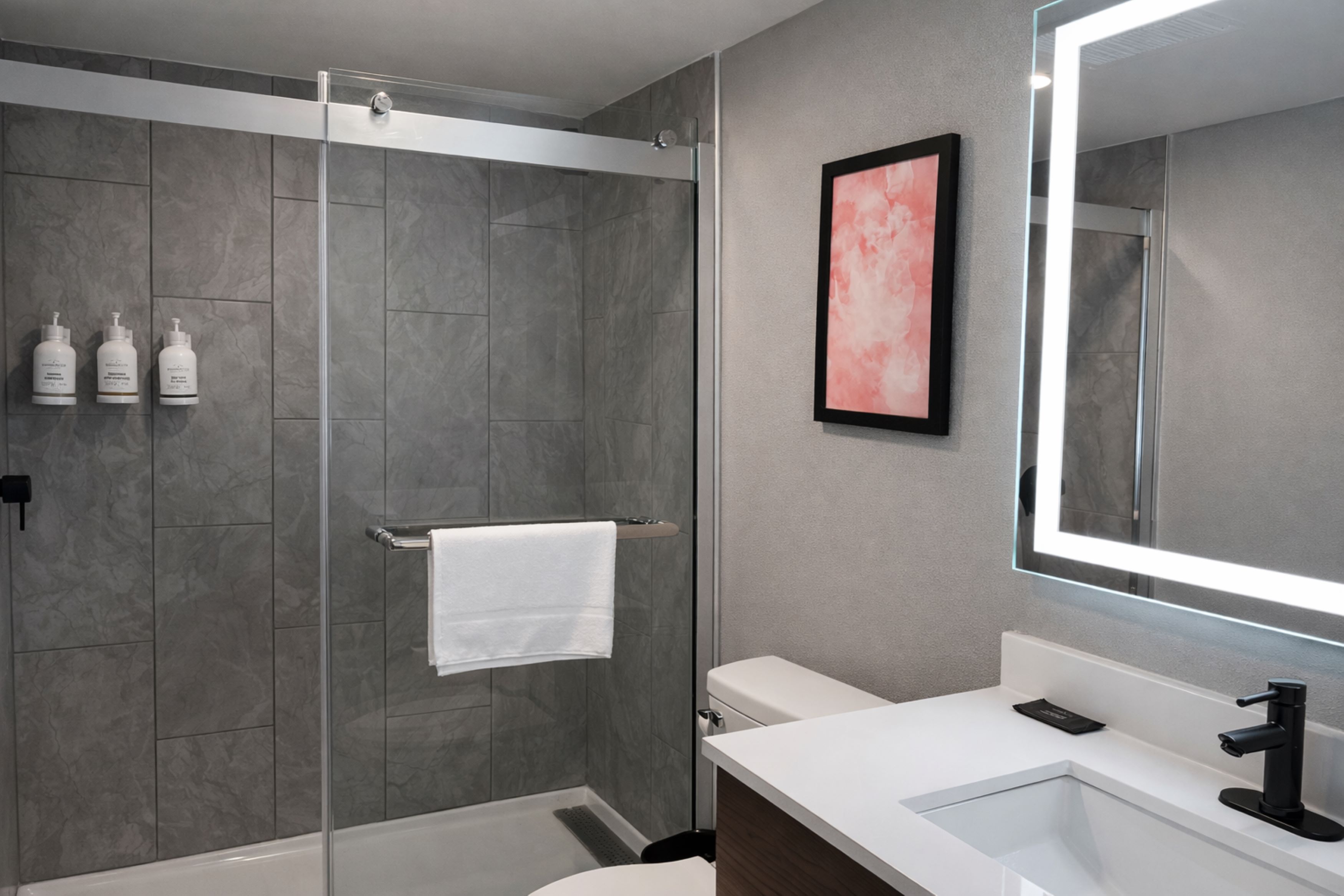 Guest room bath at the Hawthorn Extended Stay by Wyndham Fayetteville in Fayetteville, North Carolina