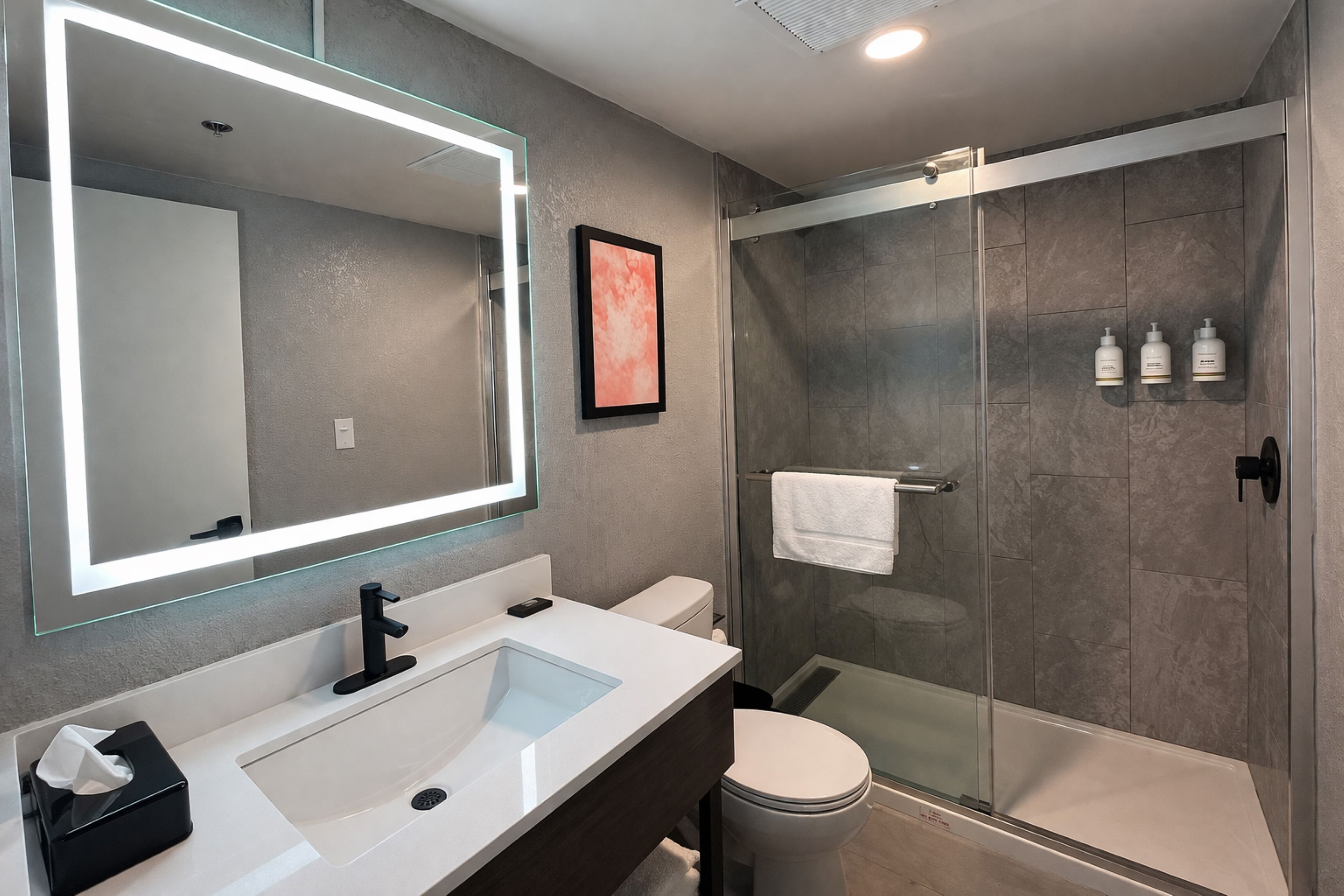 Guest room bath at the Hawthorn Extended Stay by Wyndham Fayetteville in Fayetteville, North Carolina