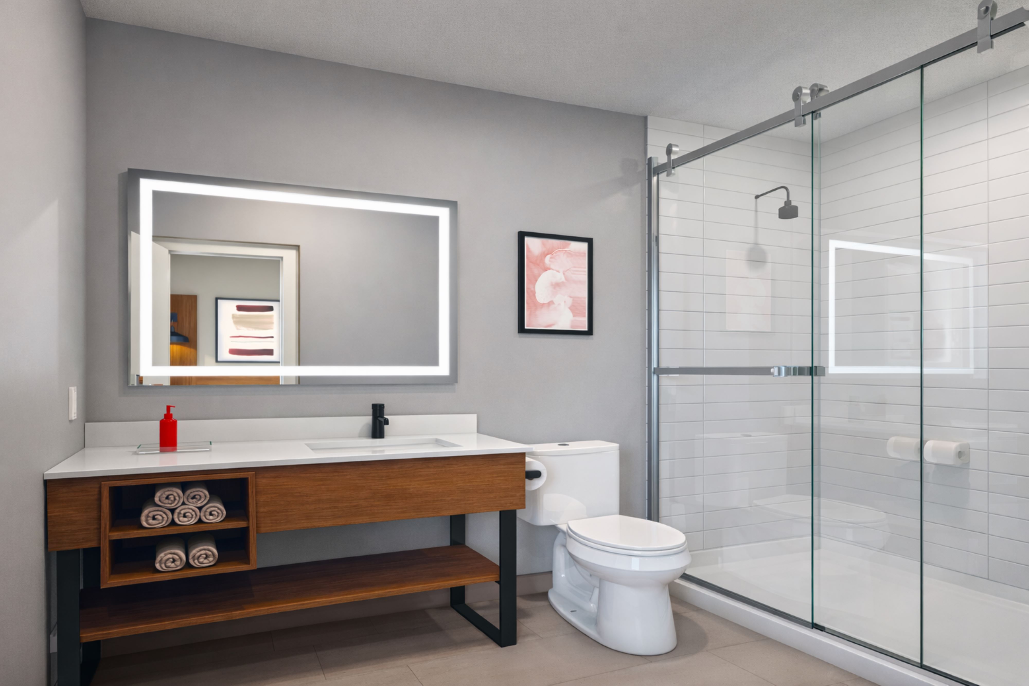 Guest room bath at the Hawthorn Extended Stay by Wyndham Miamisburg Dayton South in Miamisburg, Ohio