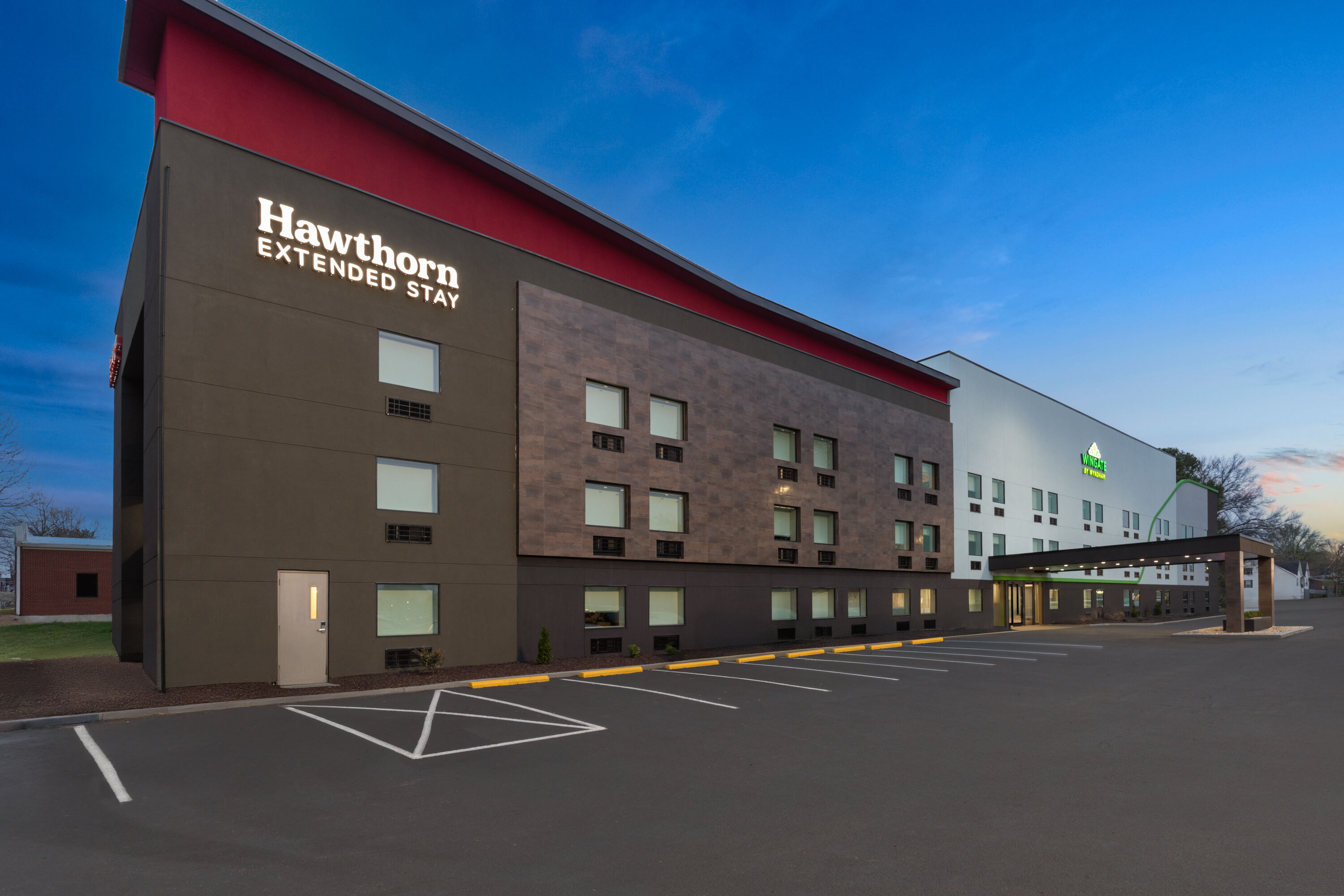 Exterior Dusk Image of Hawthorn Extended Stay by Wyndham Jackson hotel in Jackson, Tennessee