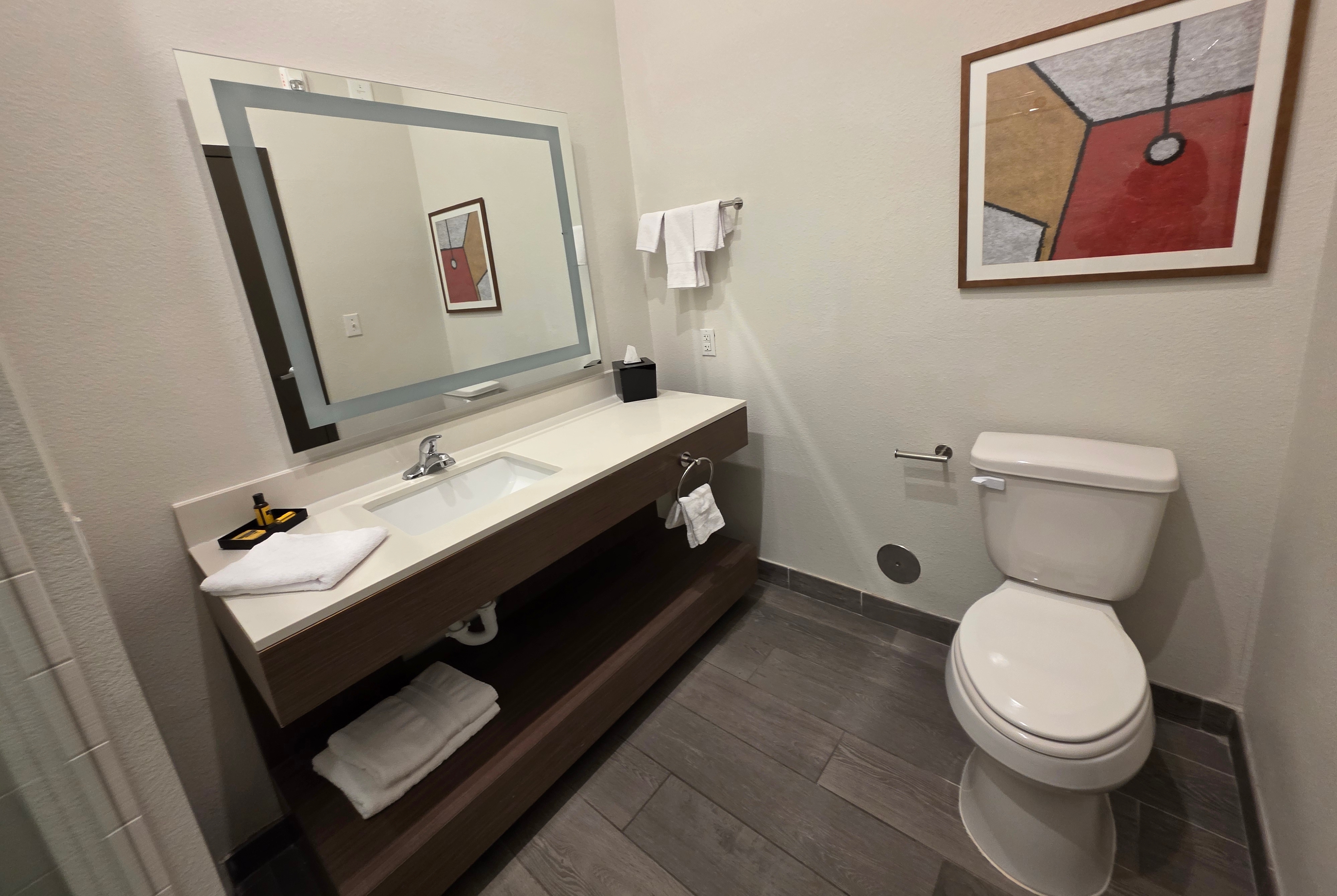 Guest room bath at the Hawthorn Extended Stay Austin North in Austin, Texas