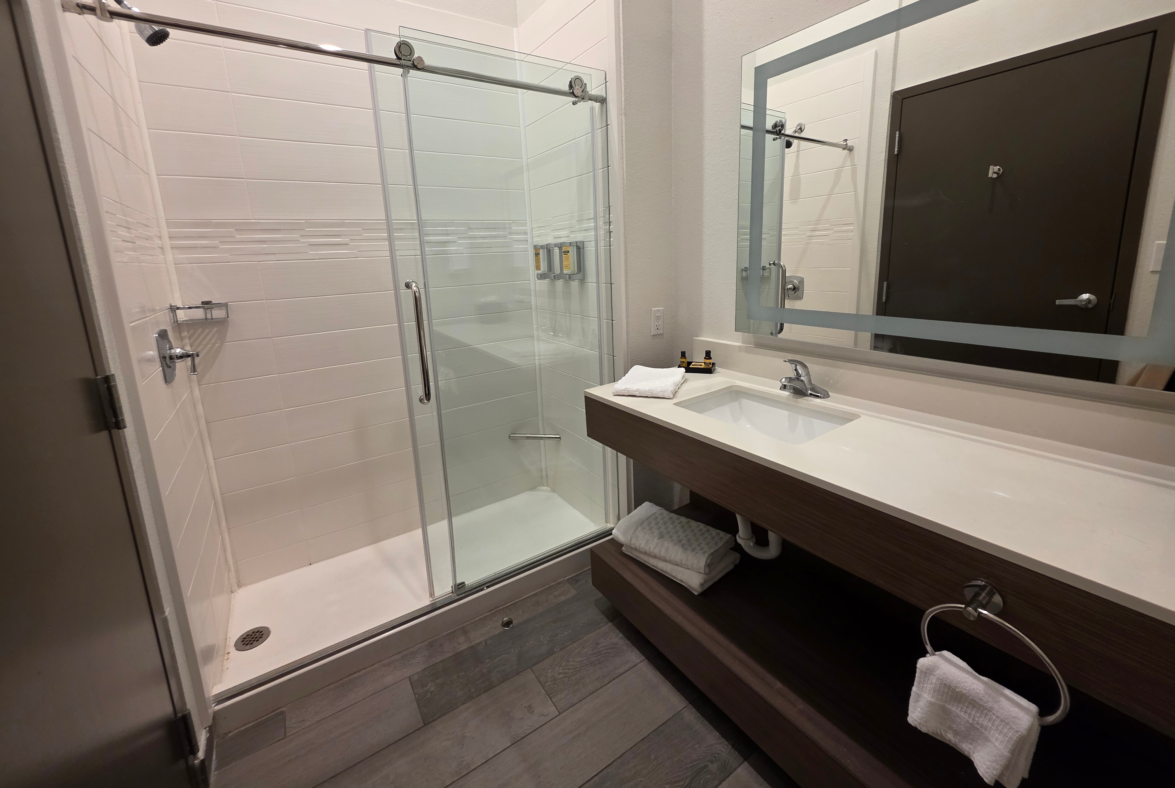 Guest room bath at the Hawthorn Extended Stay Austin North in Austin, Texas