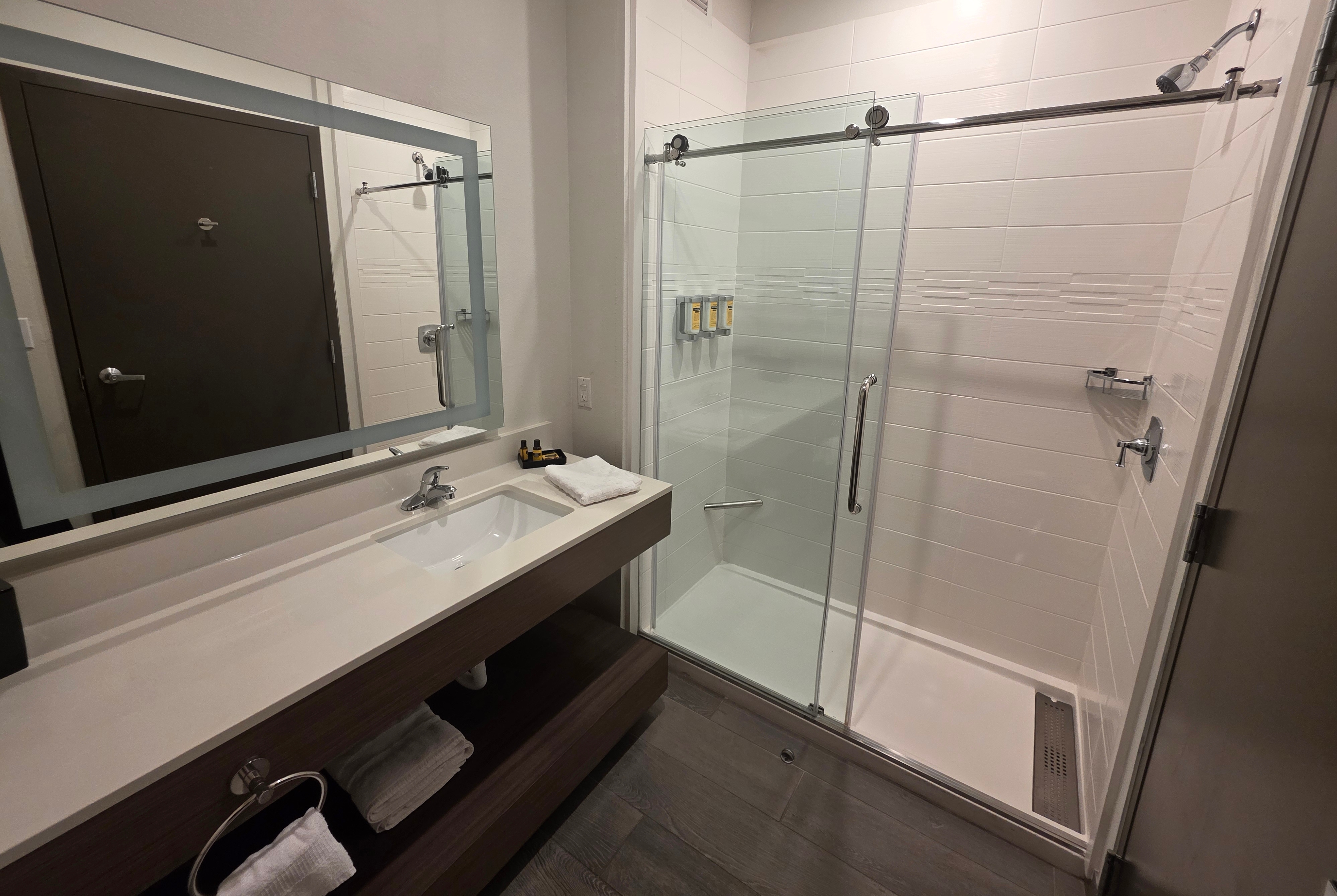Guest room bath at the Hawthorn Extended Stay Austin North in Austin, Texas