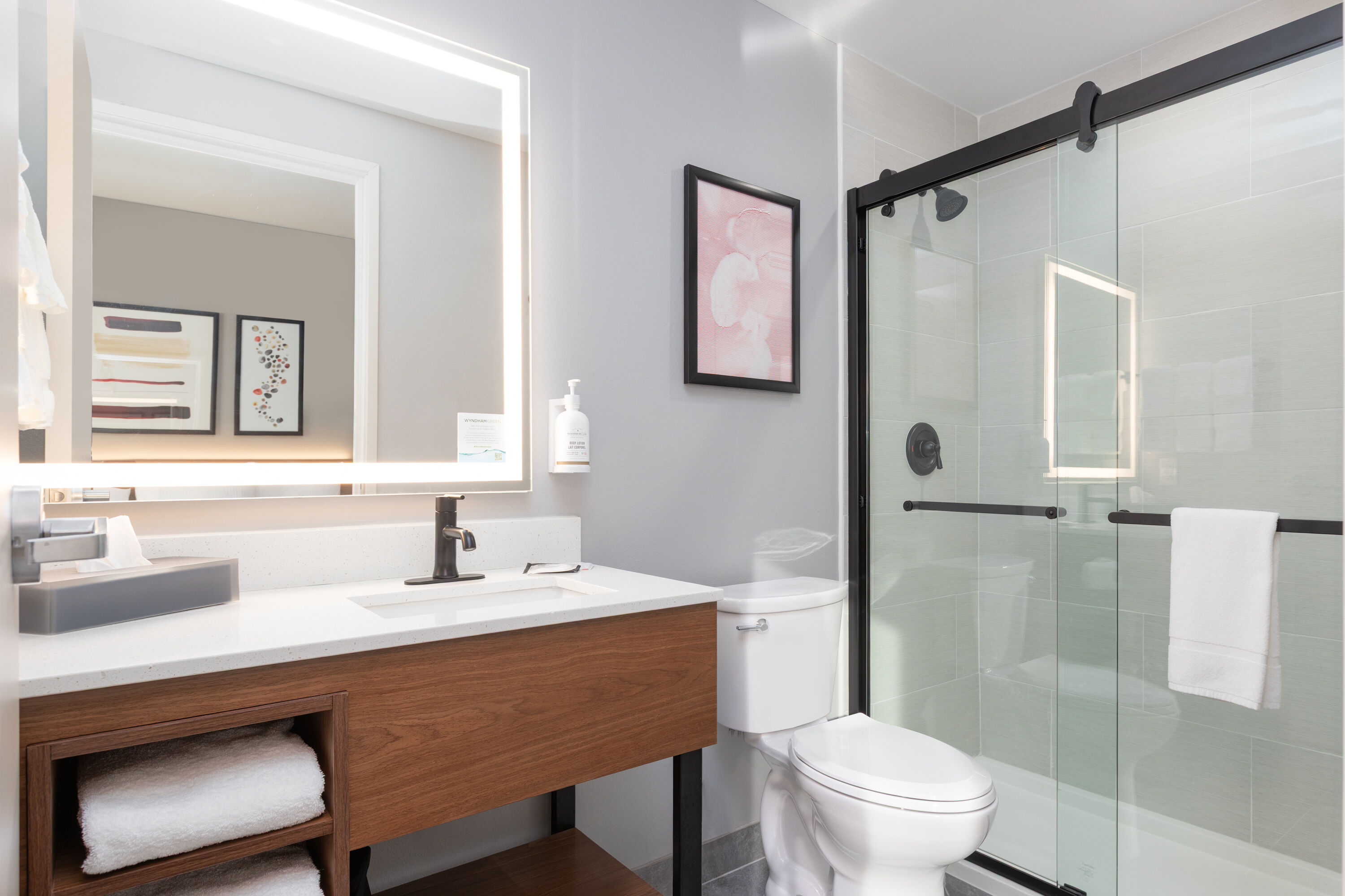 Guest room bath at the Hawthorn Extended Stay by Wyndham Eagle Pass in Eagle Pass, Texas