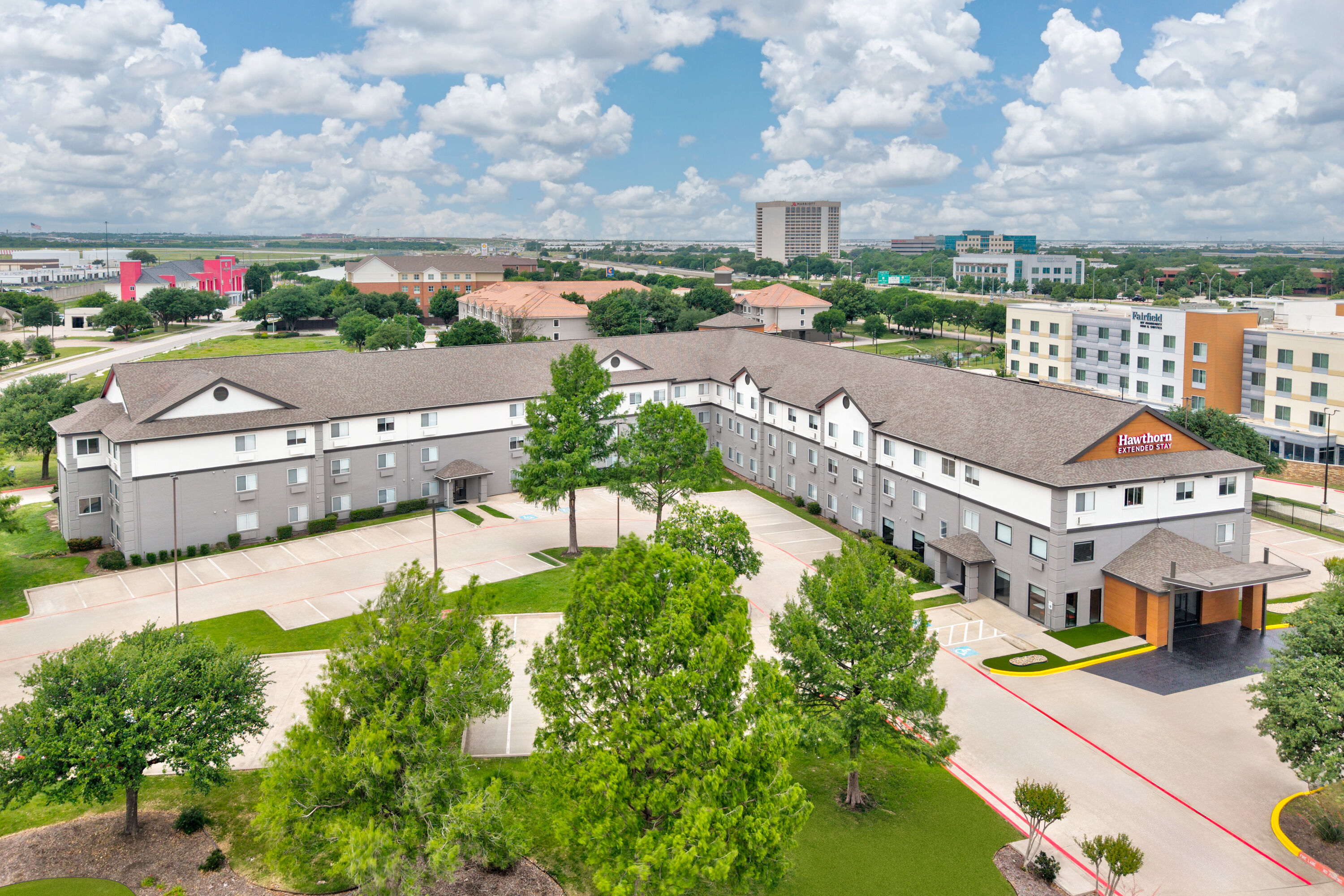 Aerial View of Hawthorn Extended Stay by Wyndham DFW Airport North hotel in Irving, Texas