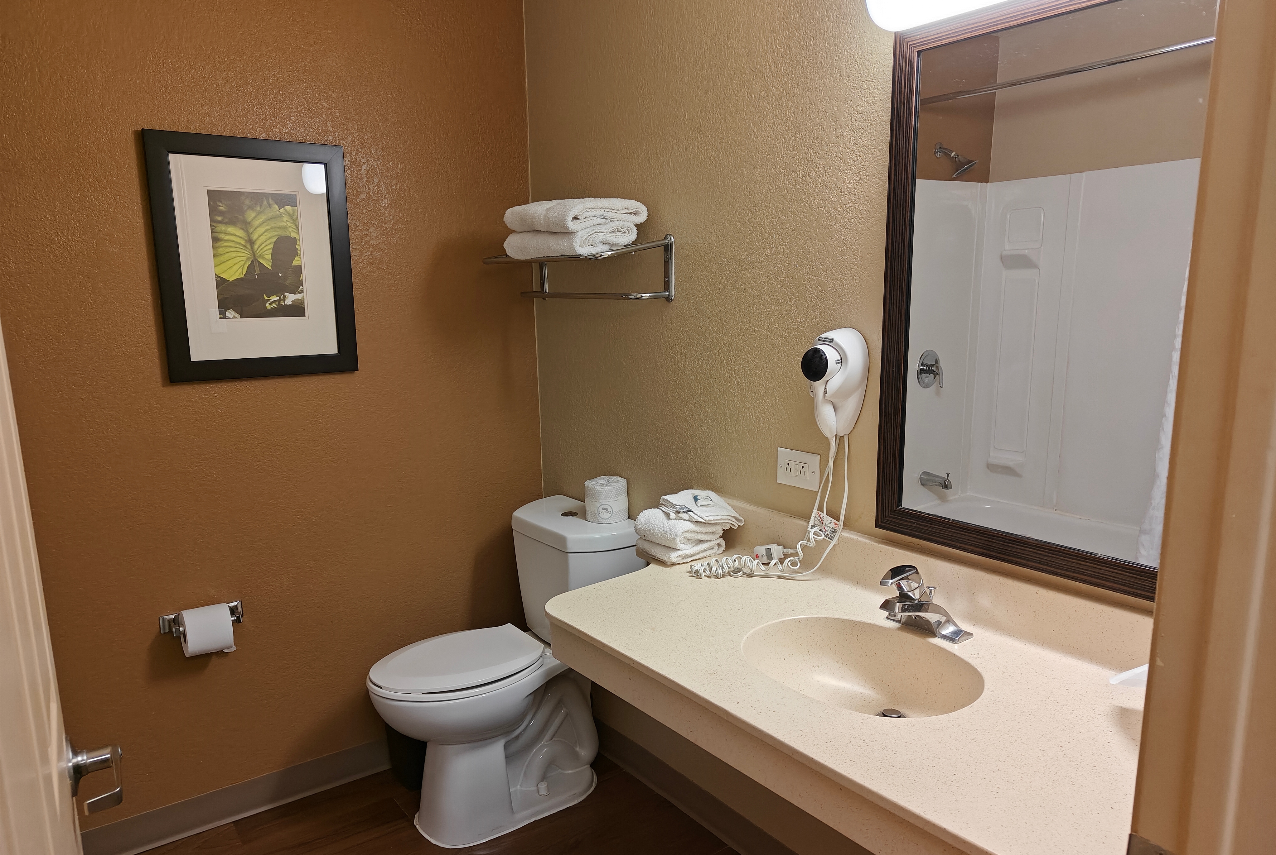 Guest room bath at the Hawthorn Extended Stay by Wyndham DFW Airport North in Irving, Texas