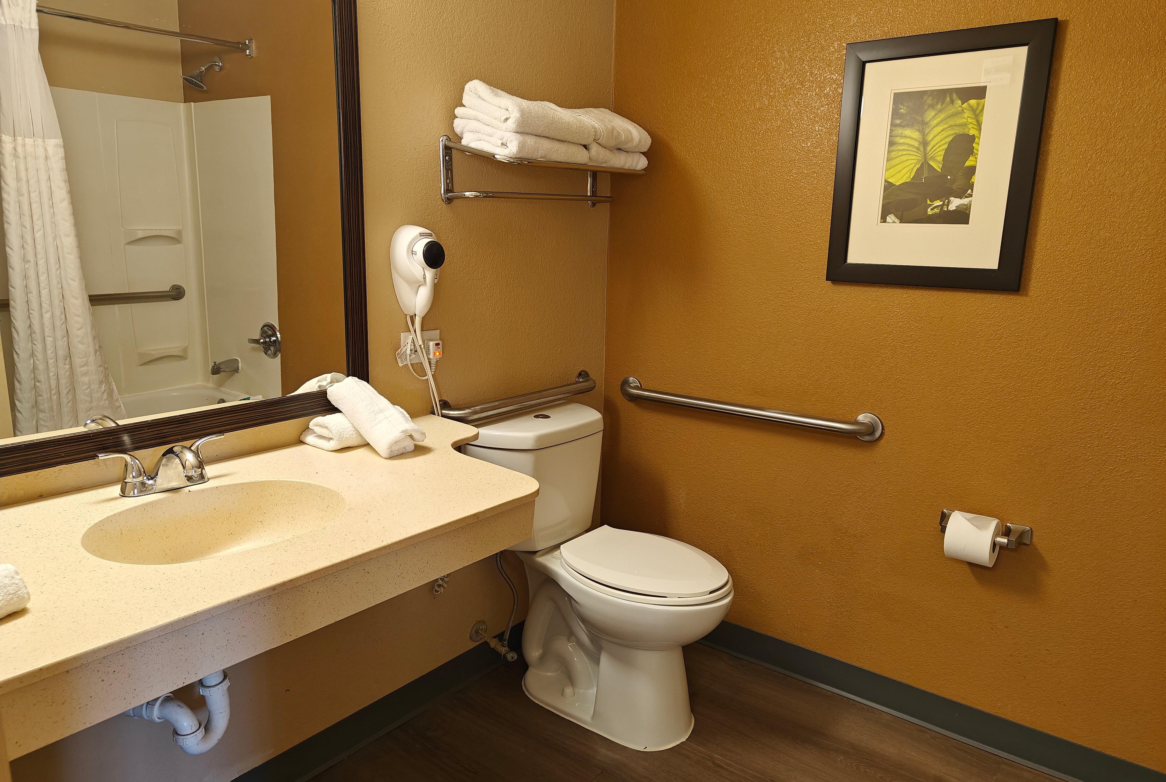 Guest room bath at the Hawthorn Extended Stay by Wyndham DFW Airport North in Irving, Texas