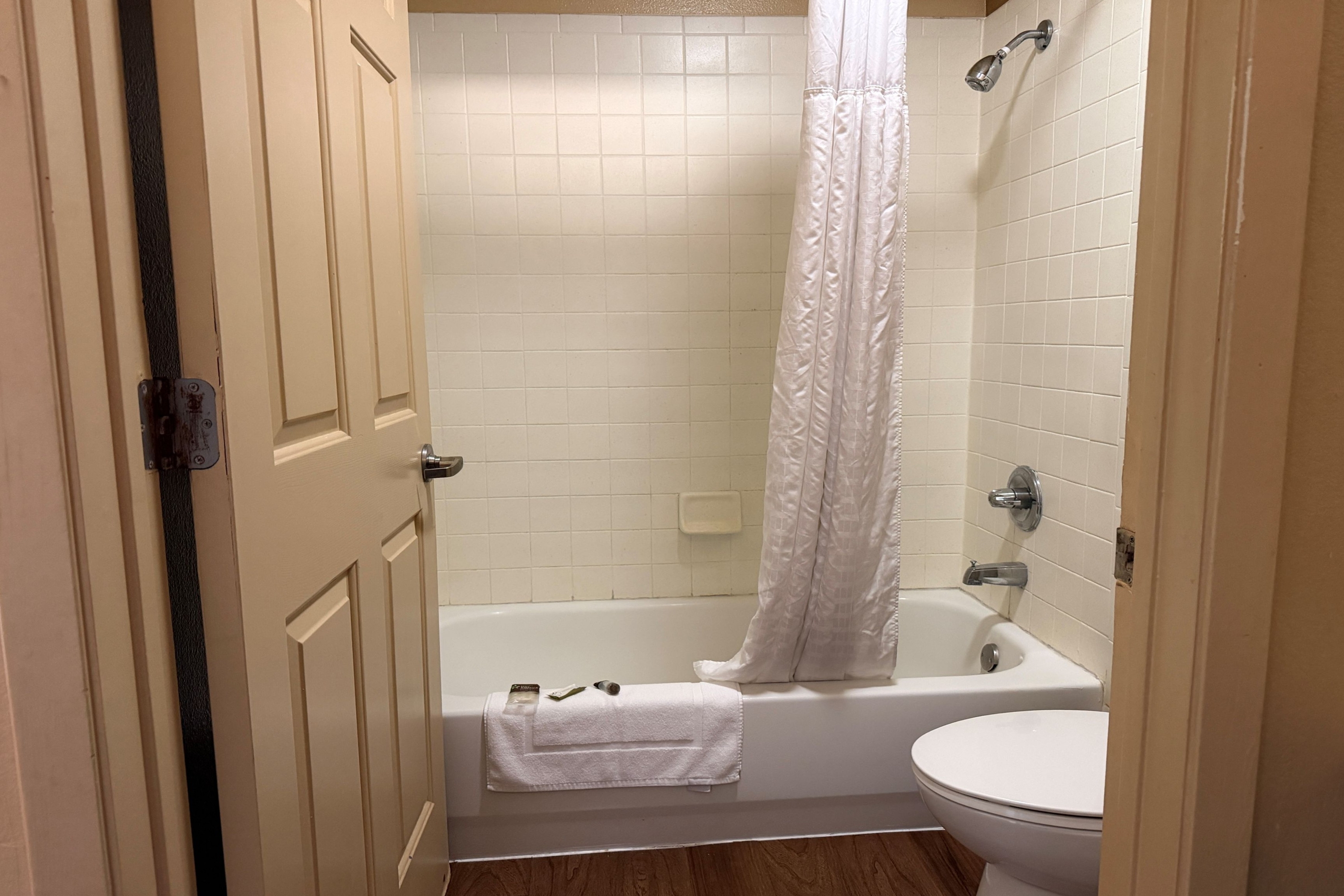 Guest room bath at the Hawthorn Extended Stay by Wyndham Irving Las Colinas in Irving, Texas