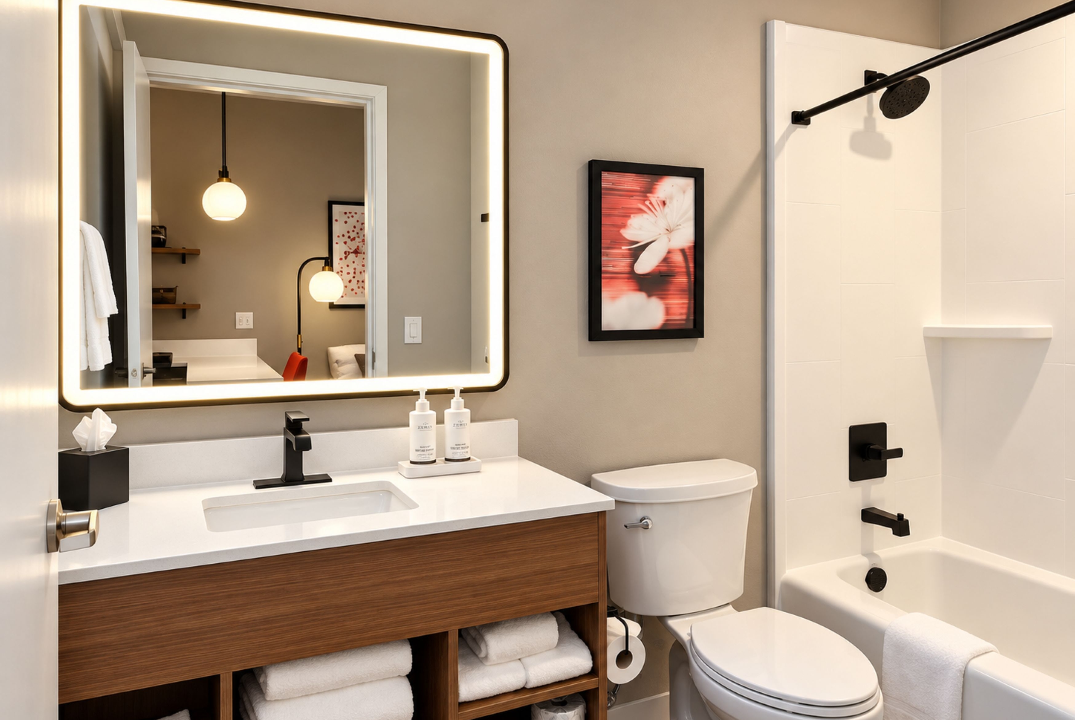 Guest room bath at the Hawthorn Extended Stay by Wyndham Central McKinney in McKinney, Texas
