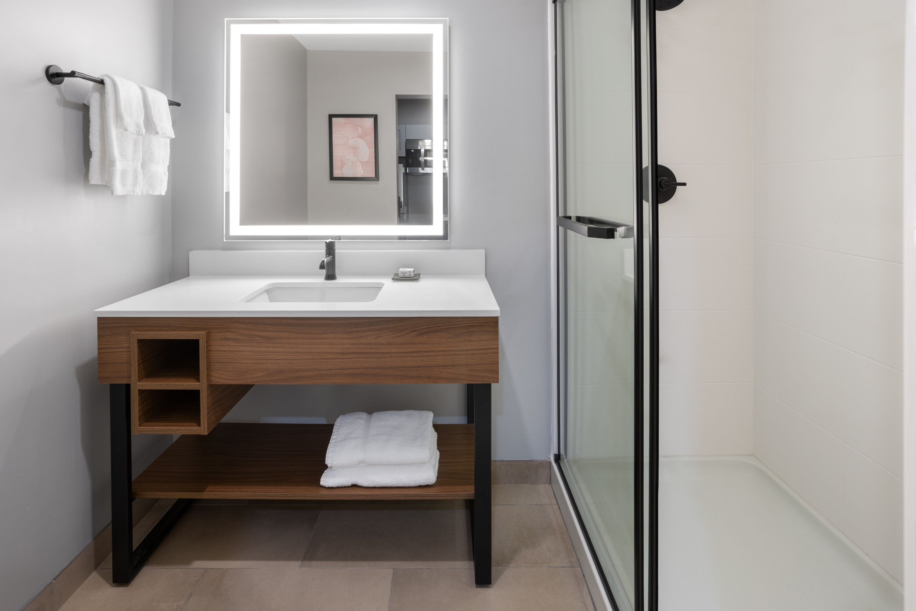 Guest room bath at the Hawthorn Extended Stay by Wyndham Williston/Burlington in Williston, Vermont