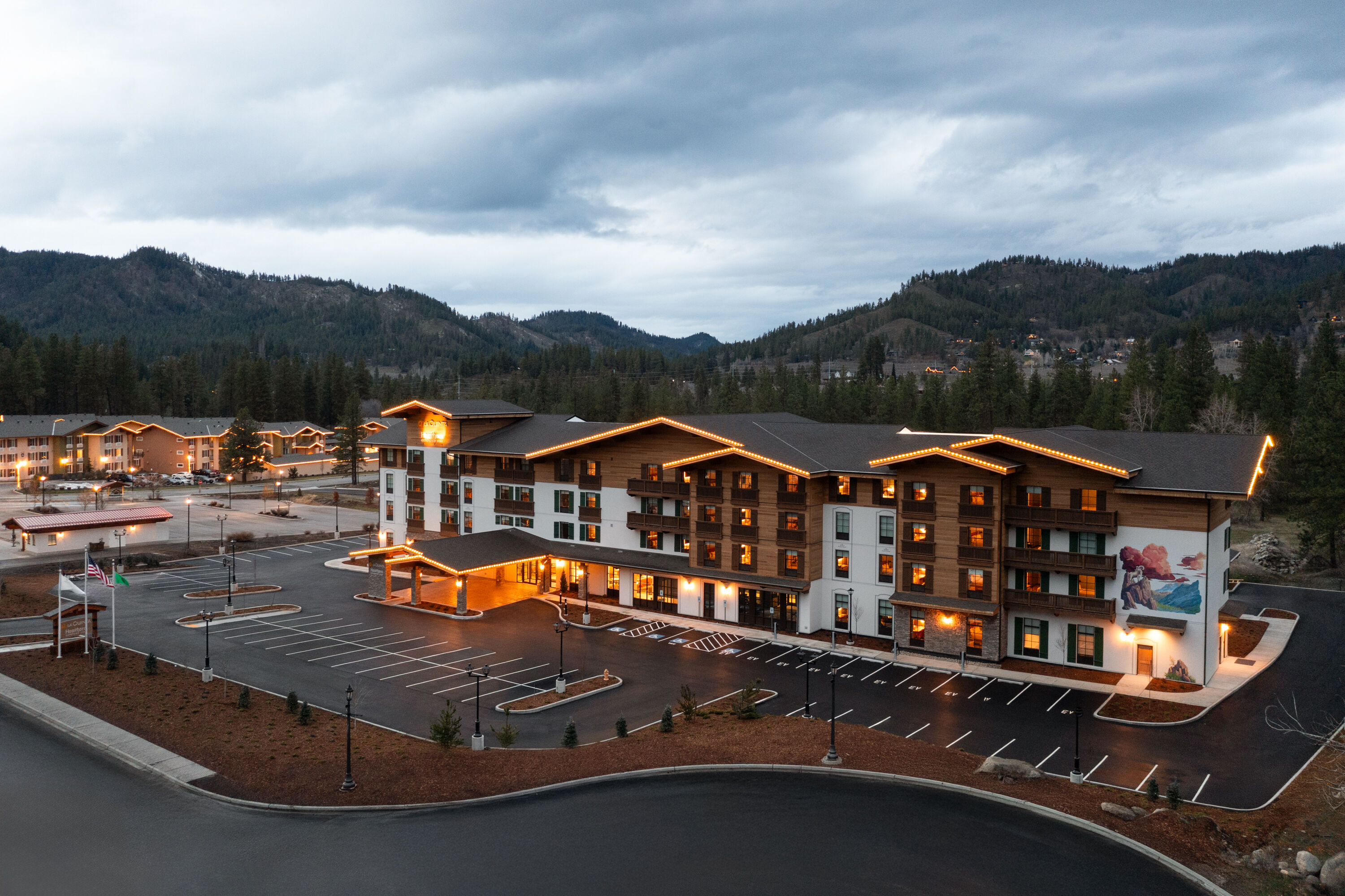 Exterior Dusk Image of Hawthorn Extended Stay by Wyndham Leavenworth hotel in Leavenworth, Washington