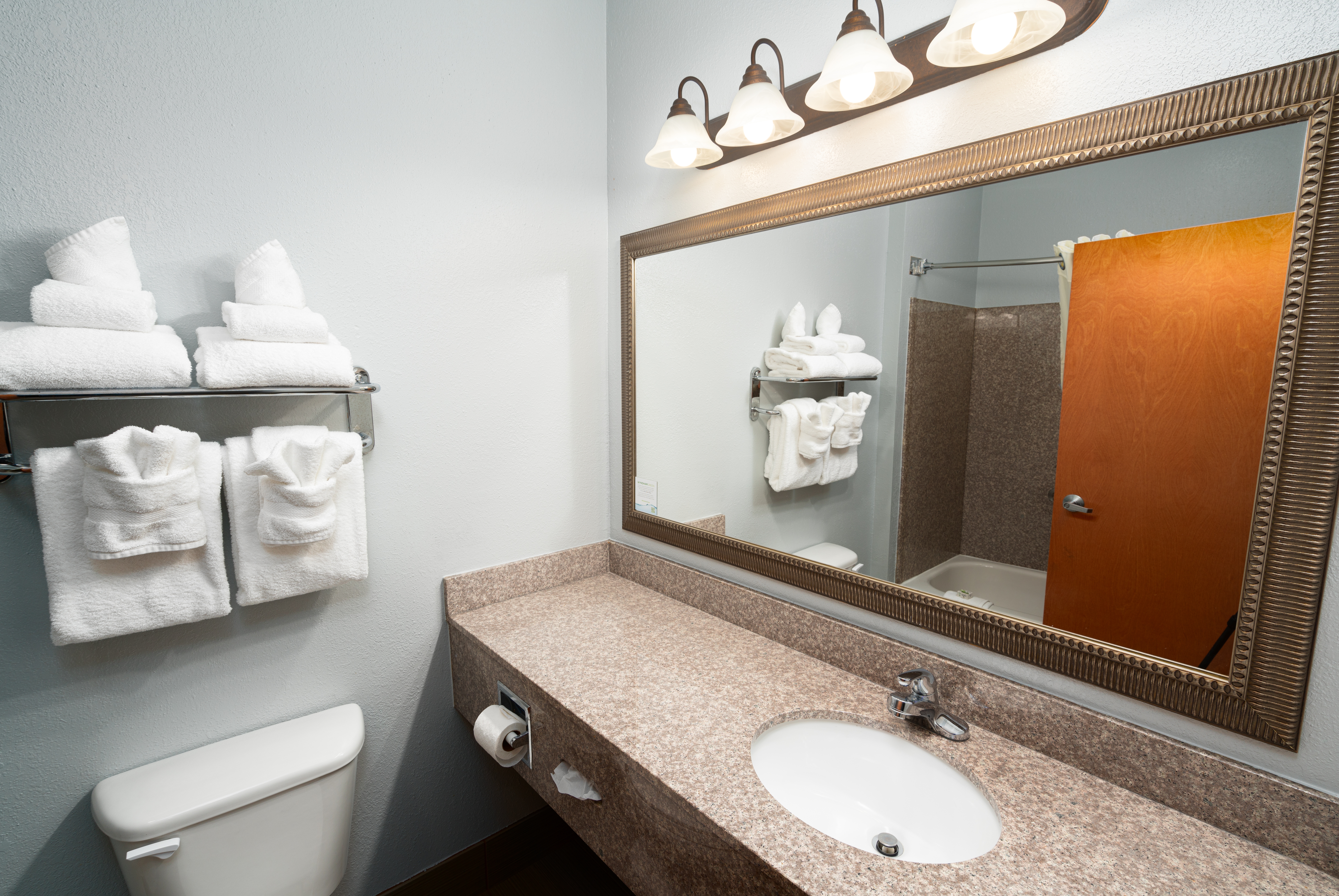 Guest room bath at the Baymont by Wyndham Augusta Riverwatch in Augusta, Georgia