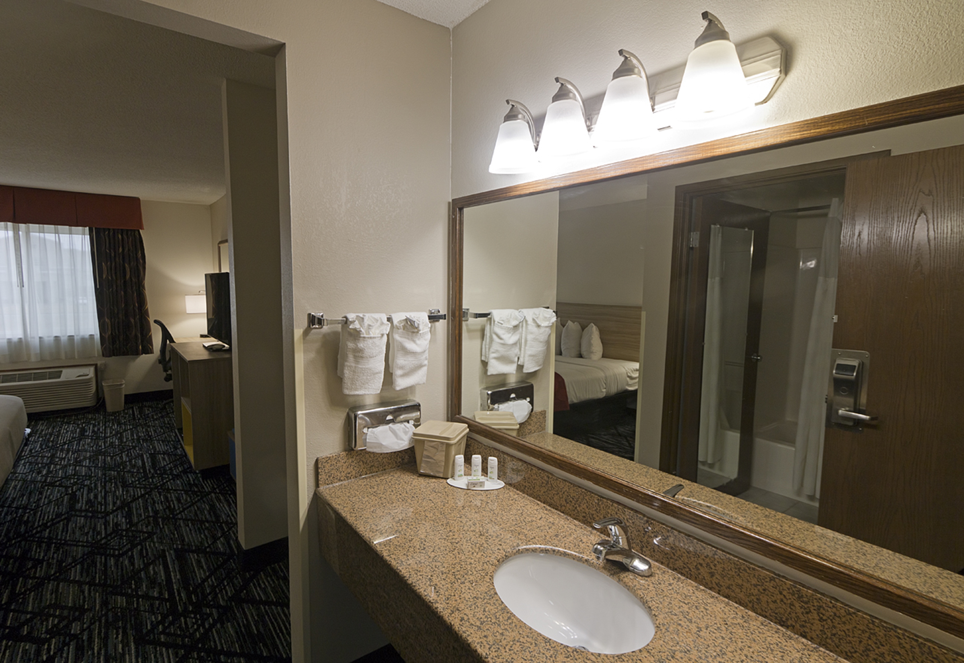 Guest room bath at the Baymont by Wyndham Decatur IL North in Decatur, Illinois