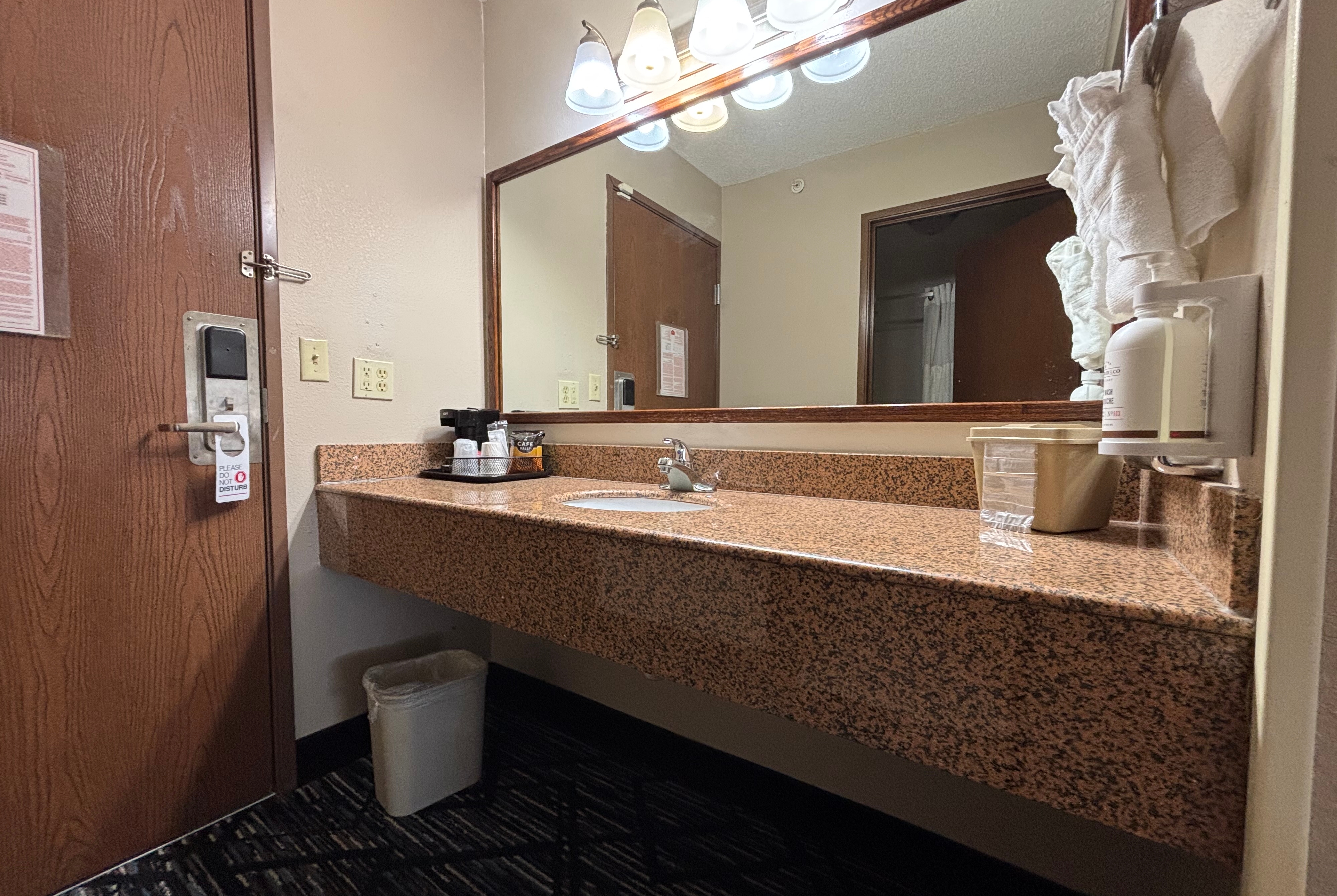 Guest room bath at the Baymont by Wyndham Decatur IL North in Decatur, Illinois
