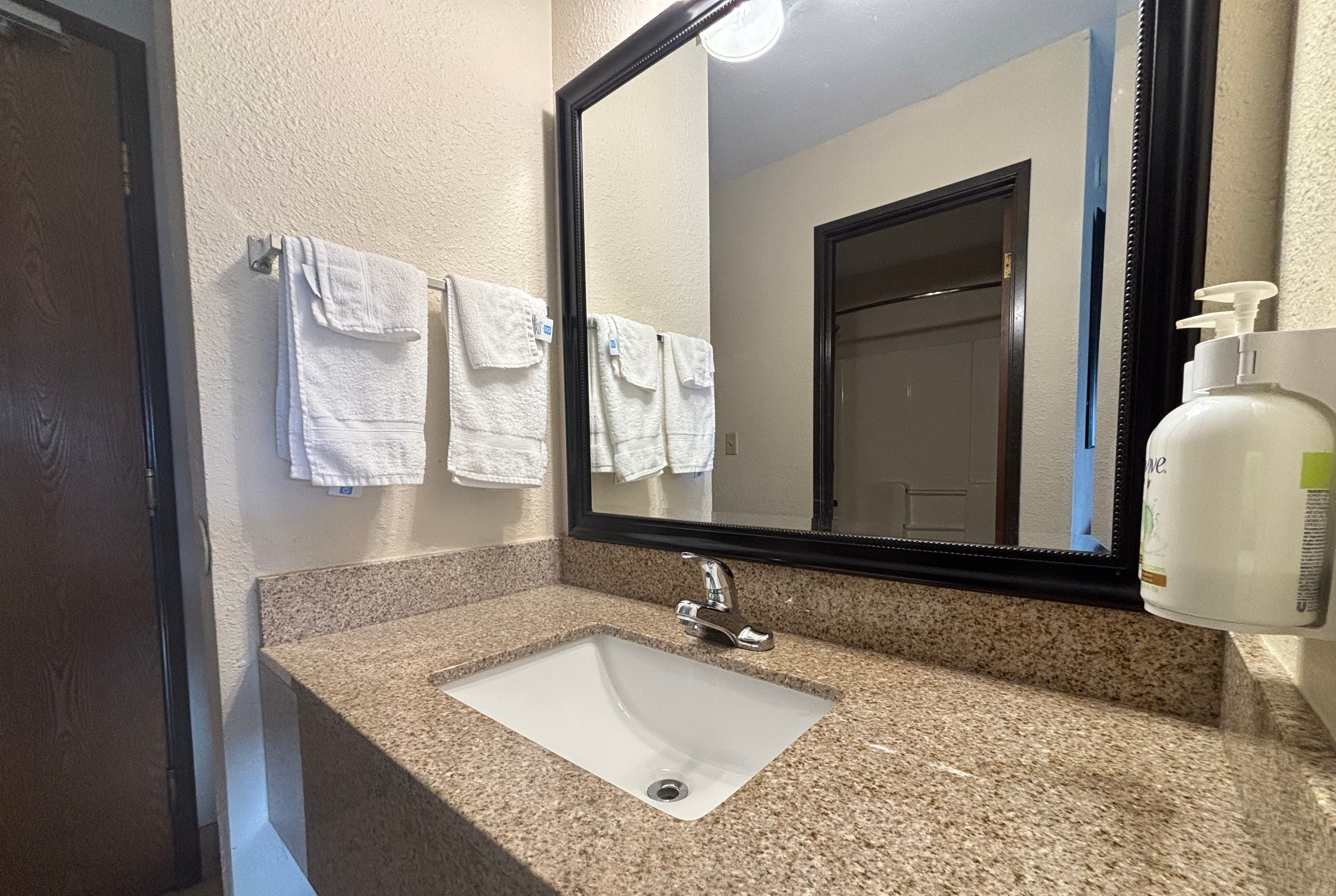 Guest room bath at the Baymont by Wyndham Tuscola in Tuscola, Illinois
