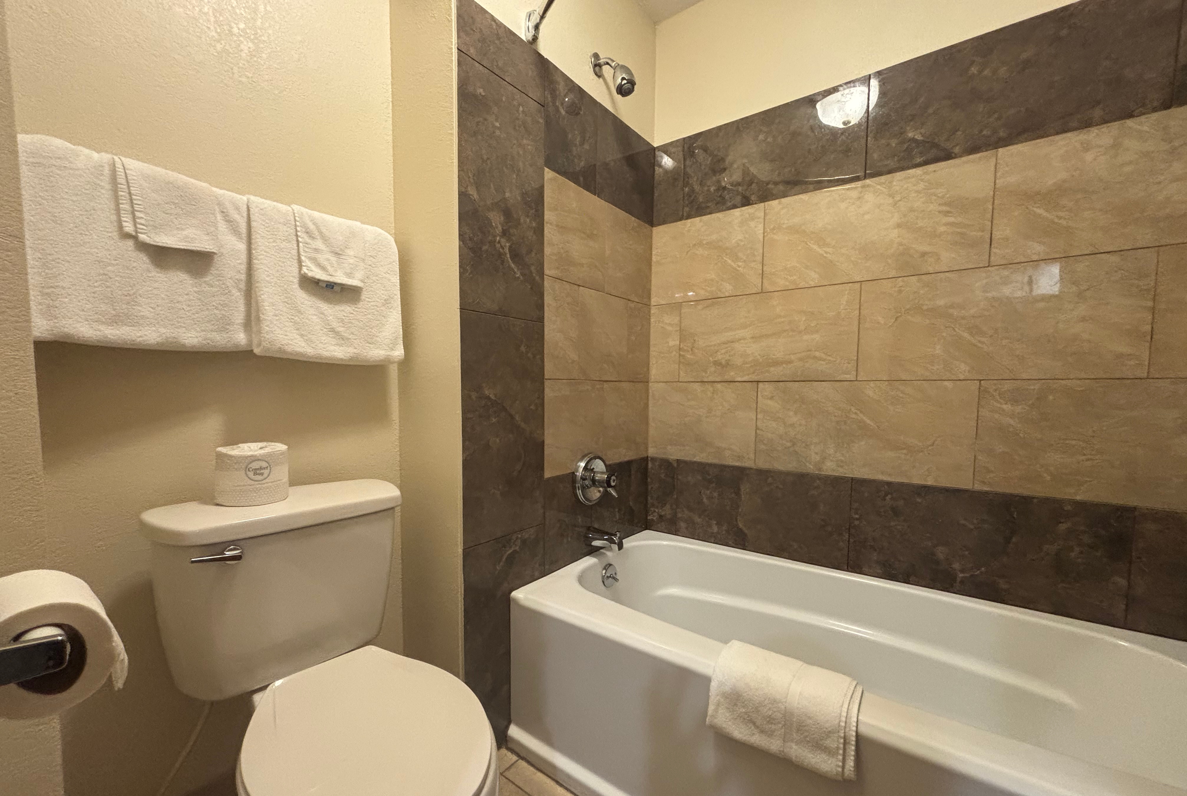 Guest room bath at the Baymont by Wyndham Tuscola in Tuscola, Illinois