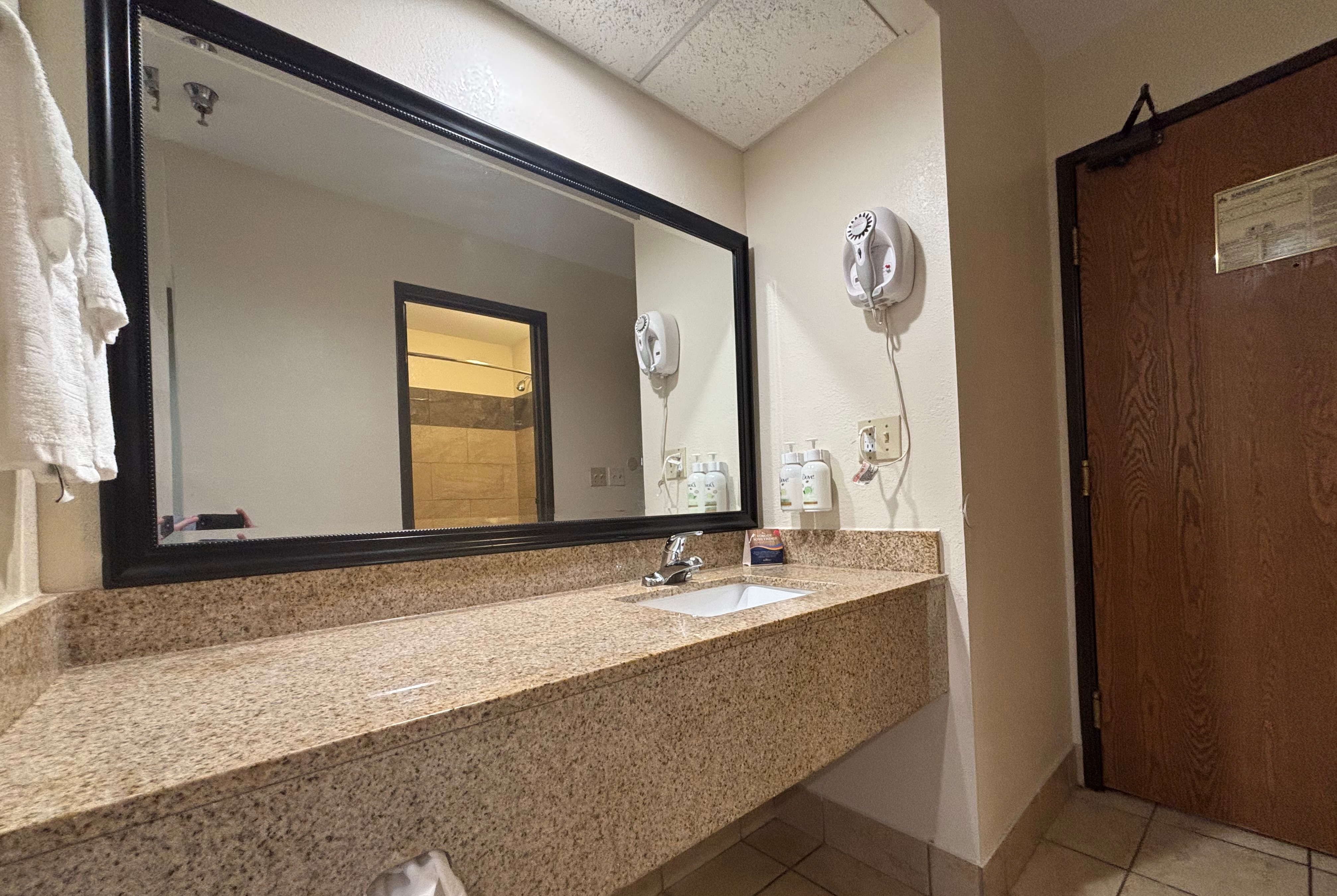 Guest room bath at the Baymont by Wyndham Tuscola in Tuscola, Illinois