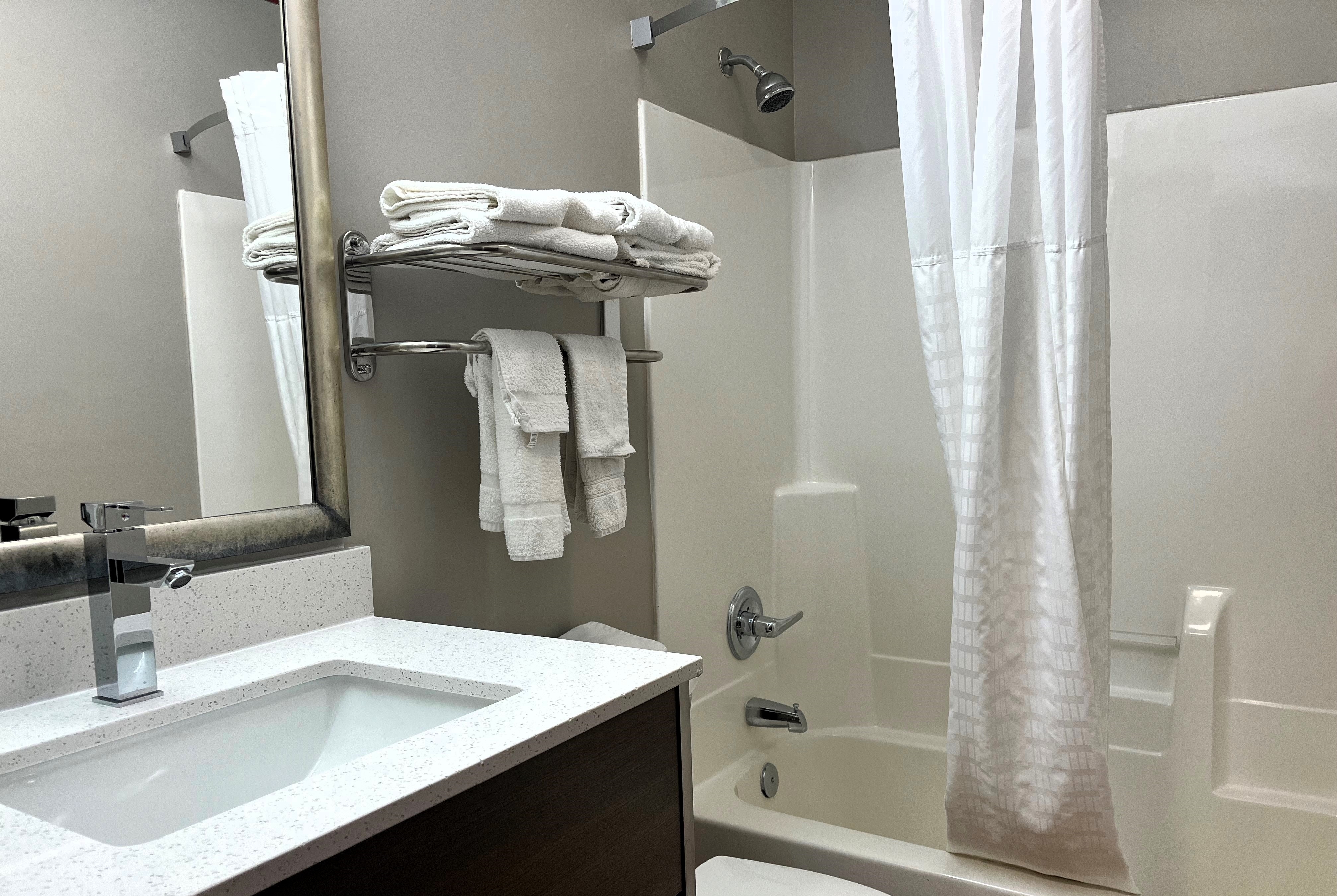 Guest room bath at the Baymont by Wyndham Anderson in Anderson, Indiana