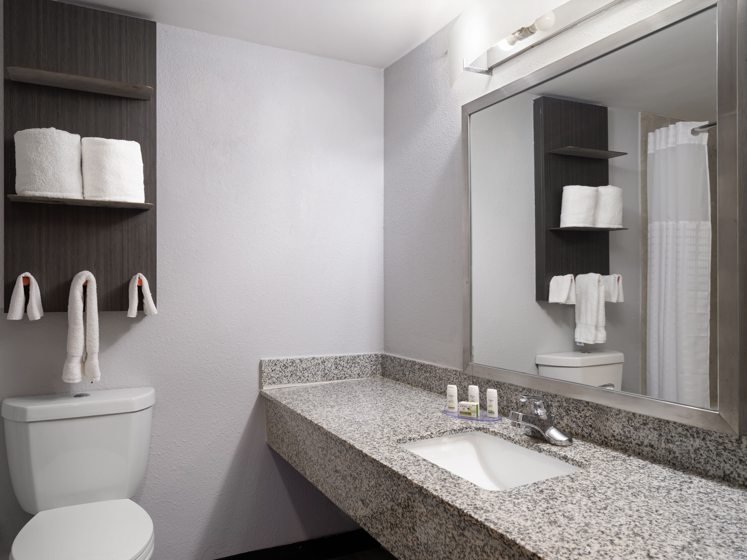 Guest room bath at the Baymont by Wyndham Indianapolis East in Indianapolis, Indiana