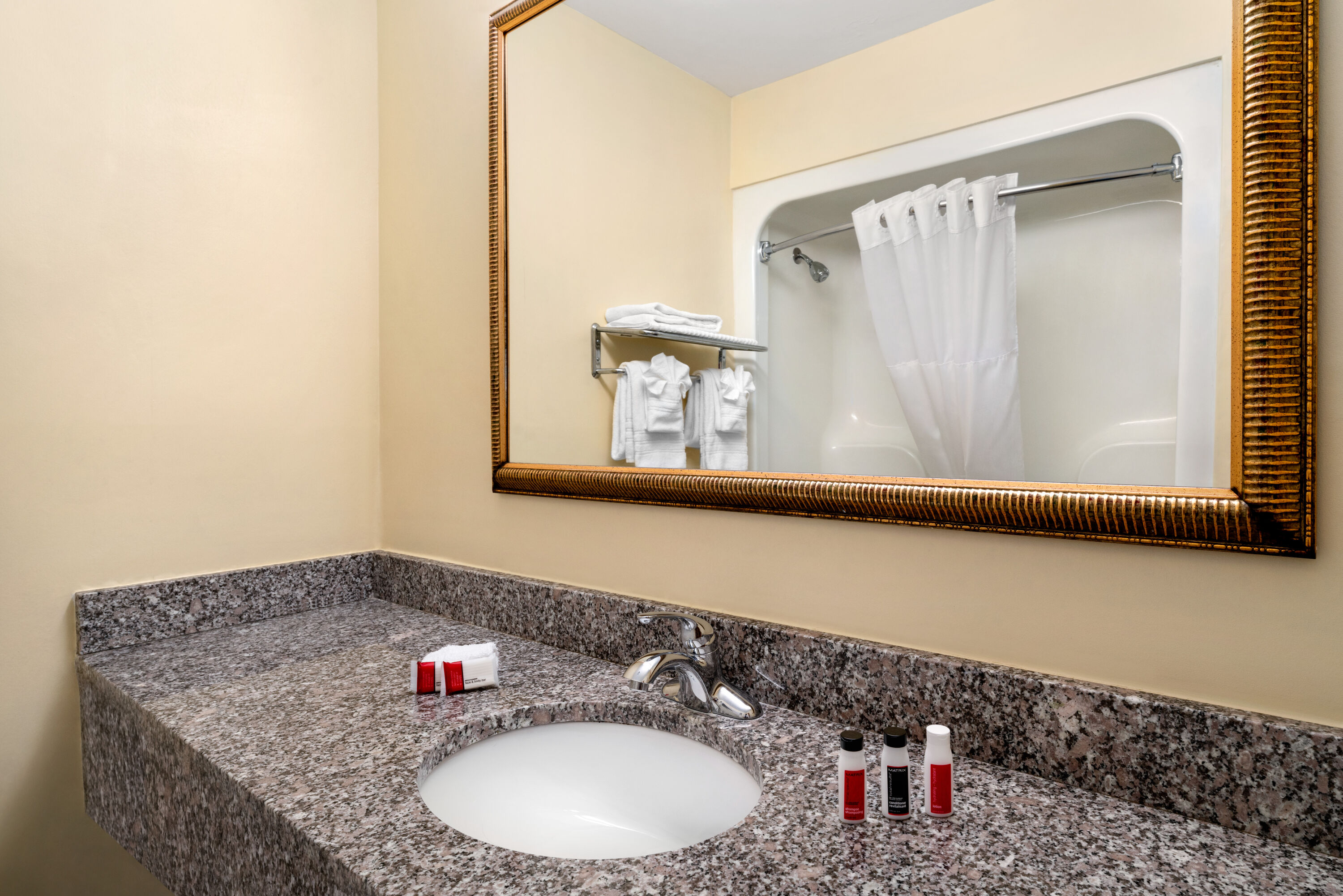 Guest room bath at the Baymont by Wyndham North Dartmouth / Fall River in North Dartmouth, Massachusetts