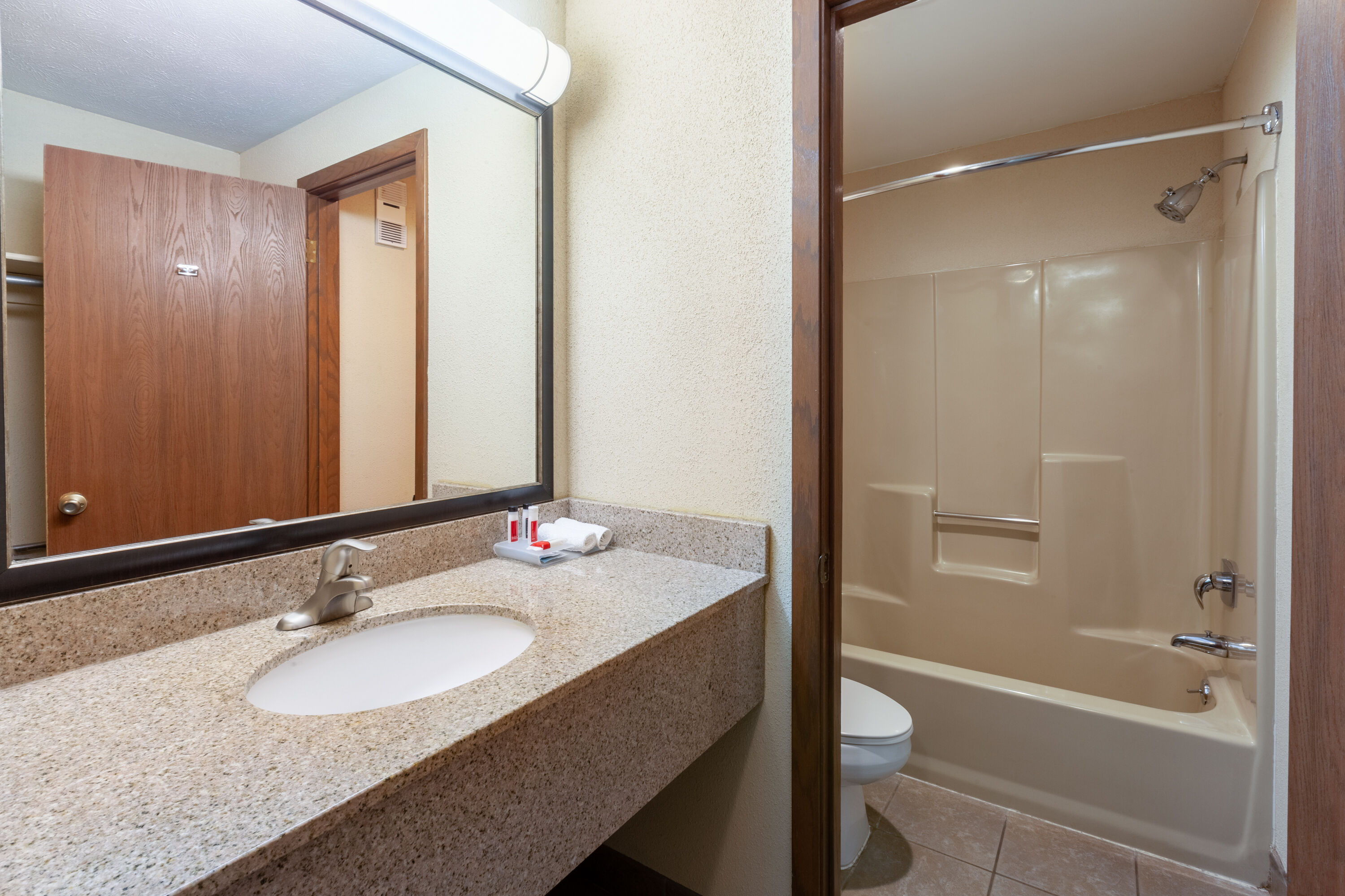 Guest room bath at the Baymont by Wyndham St. Ignace Lakefront in Saint Ignace, Michigan