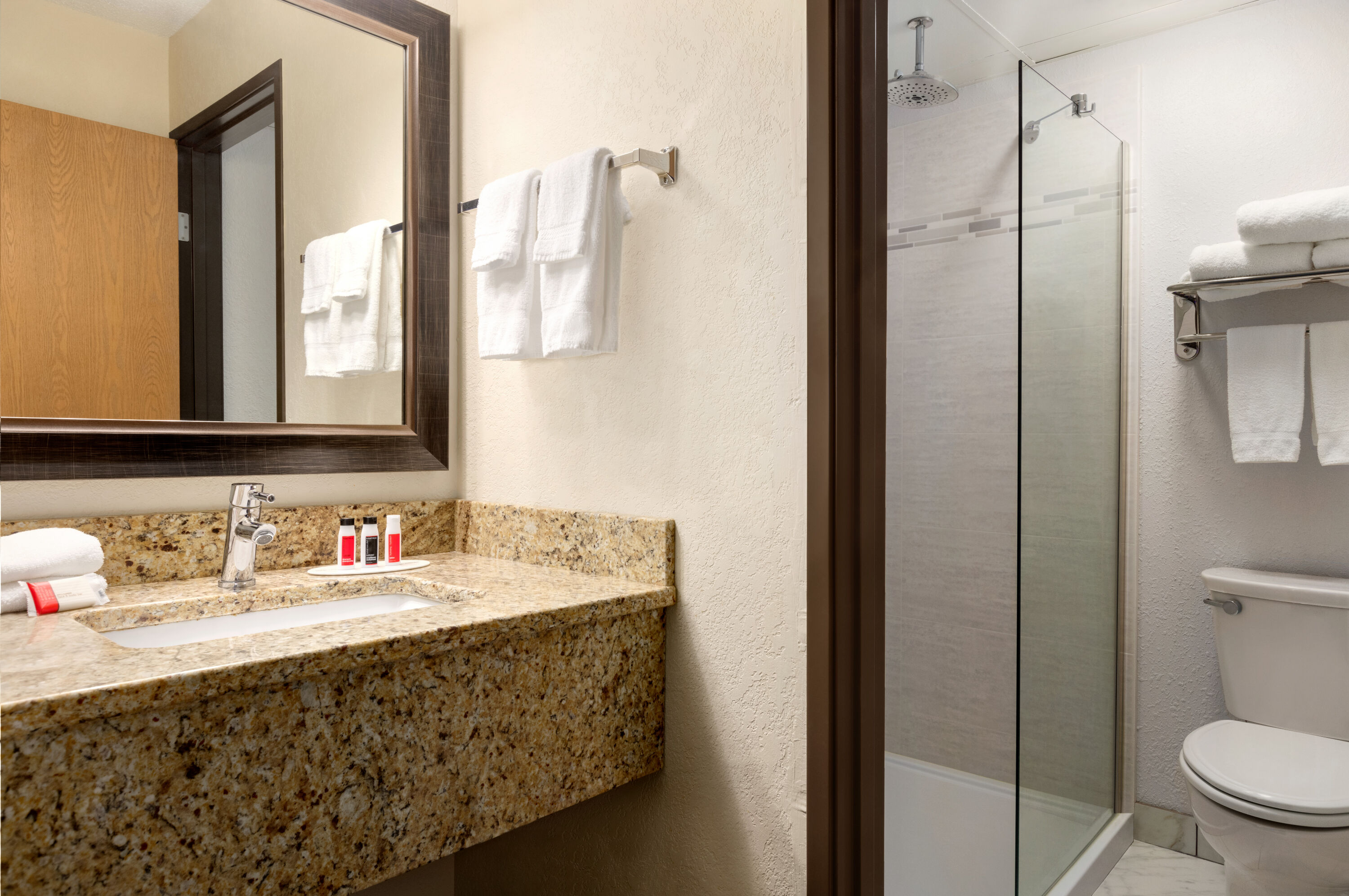 Guest room bath at the Baymont by Wyndham Owatonna in Owatonna, Minnesota