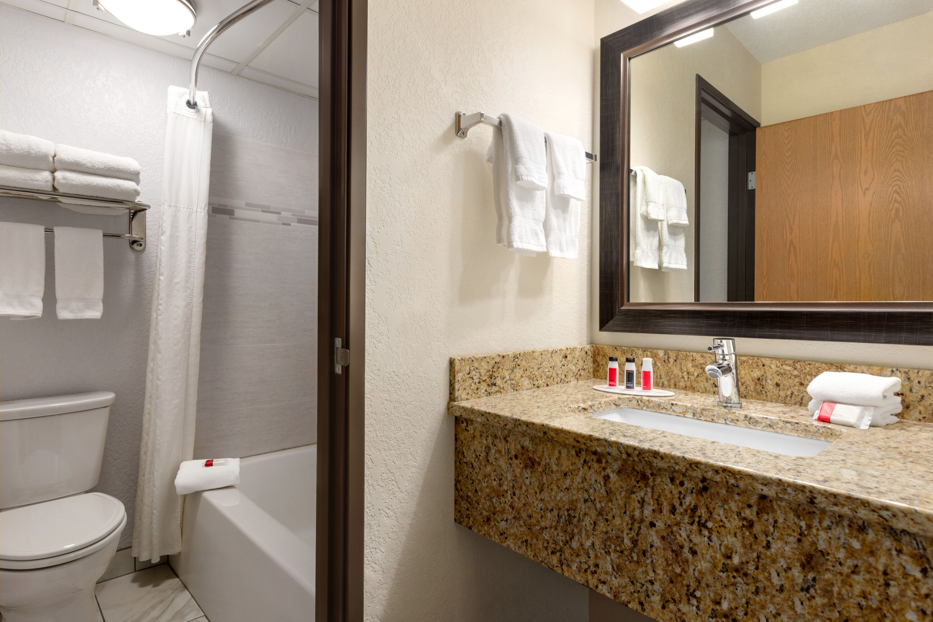 Guest room bath at the Baymont by Wyndham Owatonna in Owatonna, Minnesota