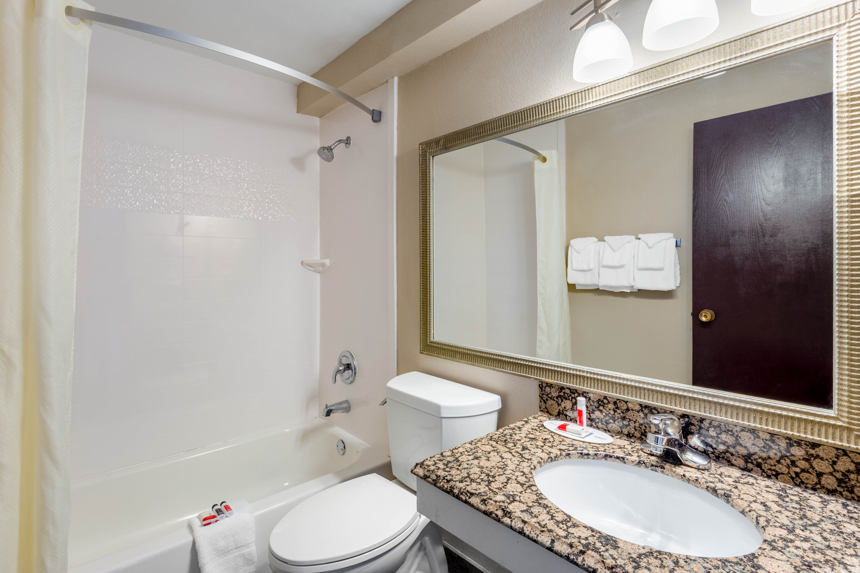 Guest room bath at the Baymont by Wyndham Rochester Mayo Clinic Area in Rochester, Minnesota