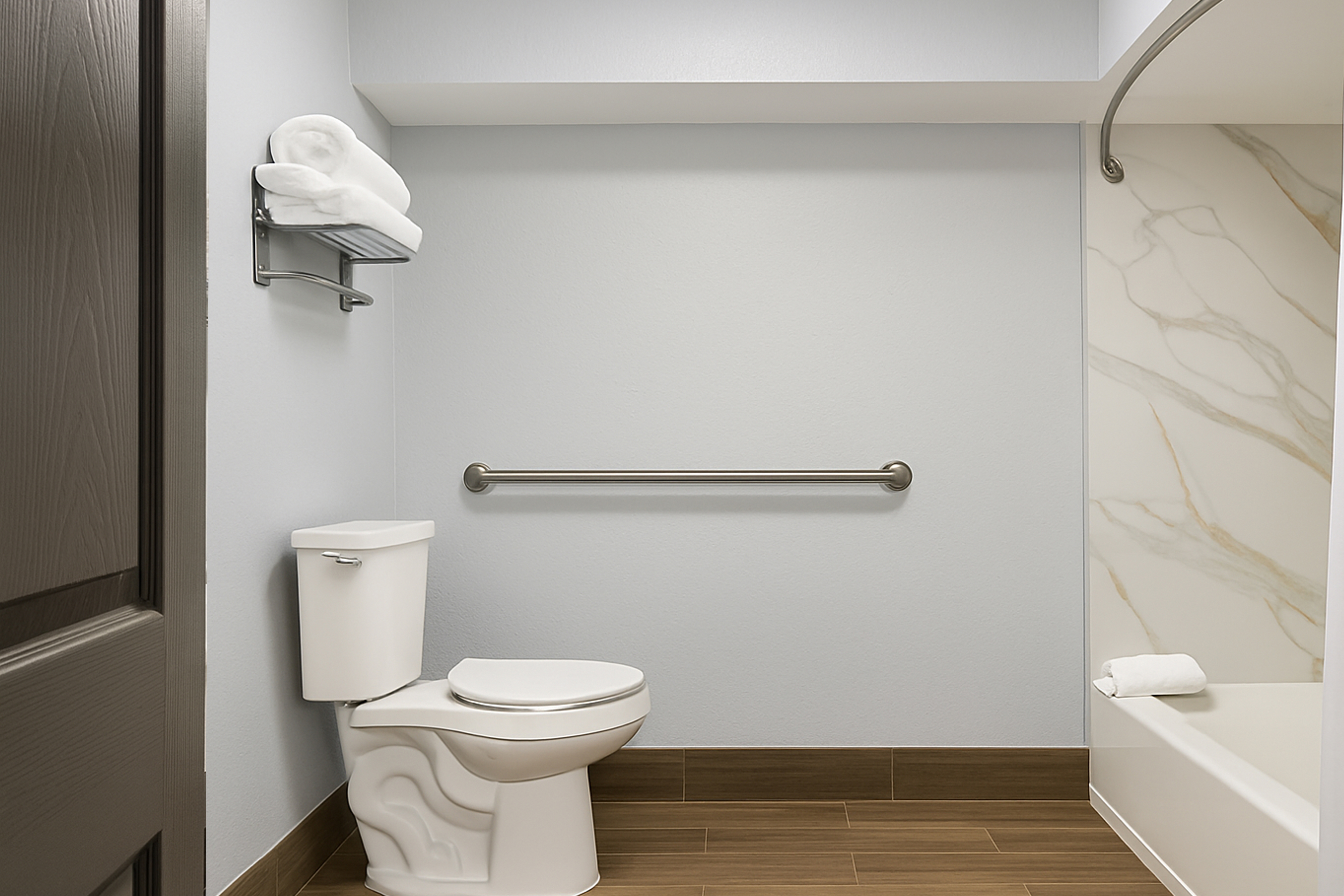 Guest room bath at the Baymont by Wyndham Fayetteville in Fayetteville, North Carolina