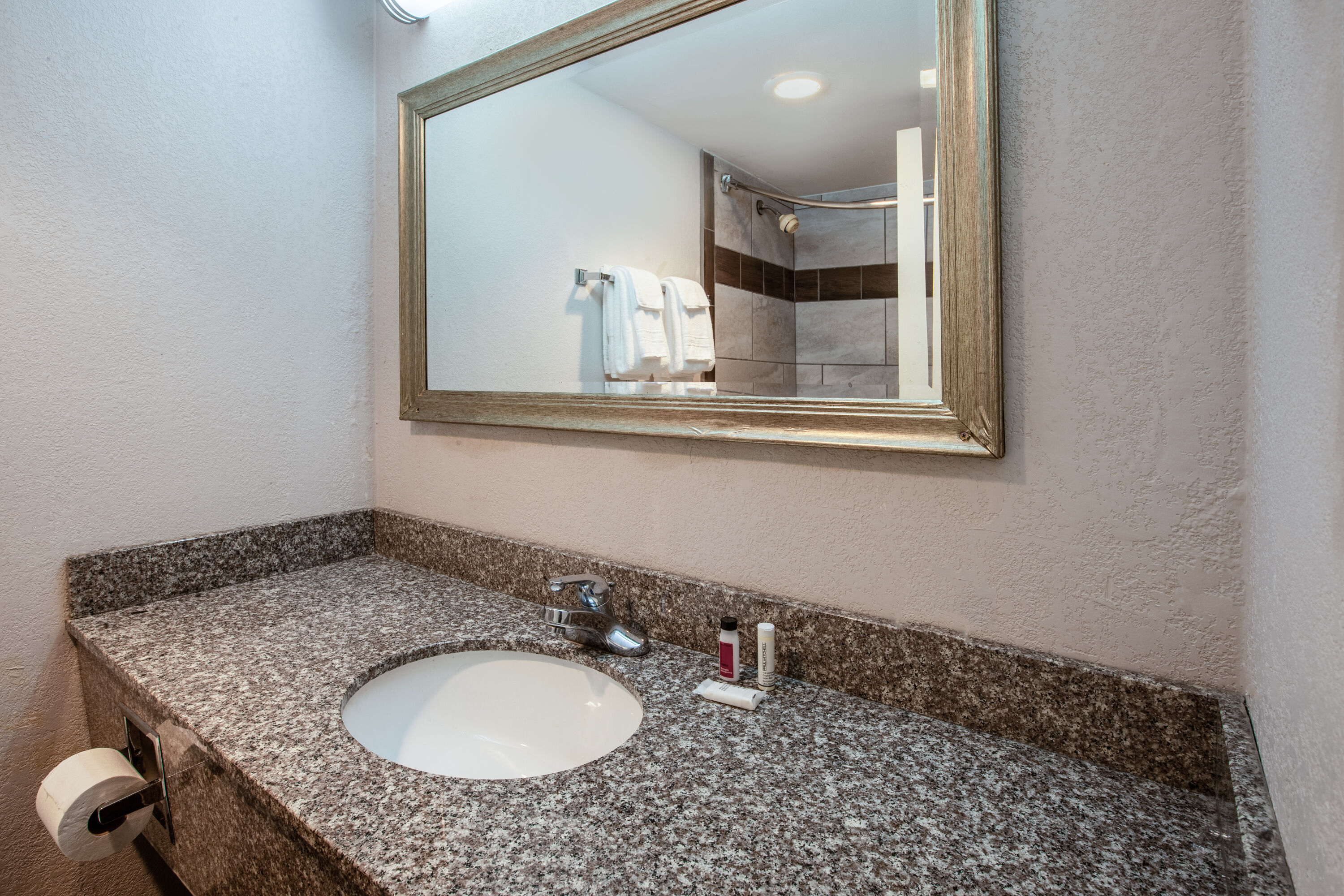 Guest room bath at the Baymont by Wyndham Northwood in Northwood, Ohio