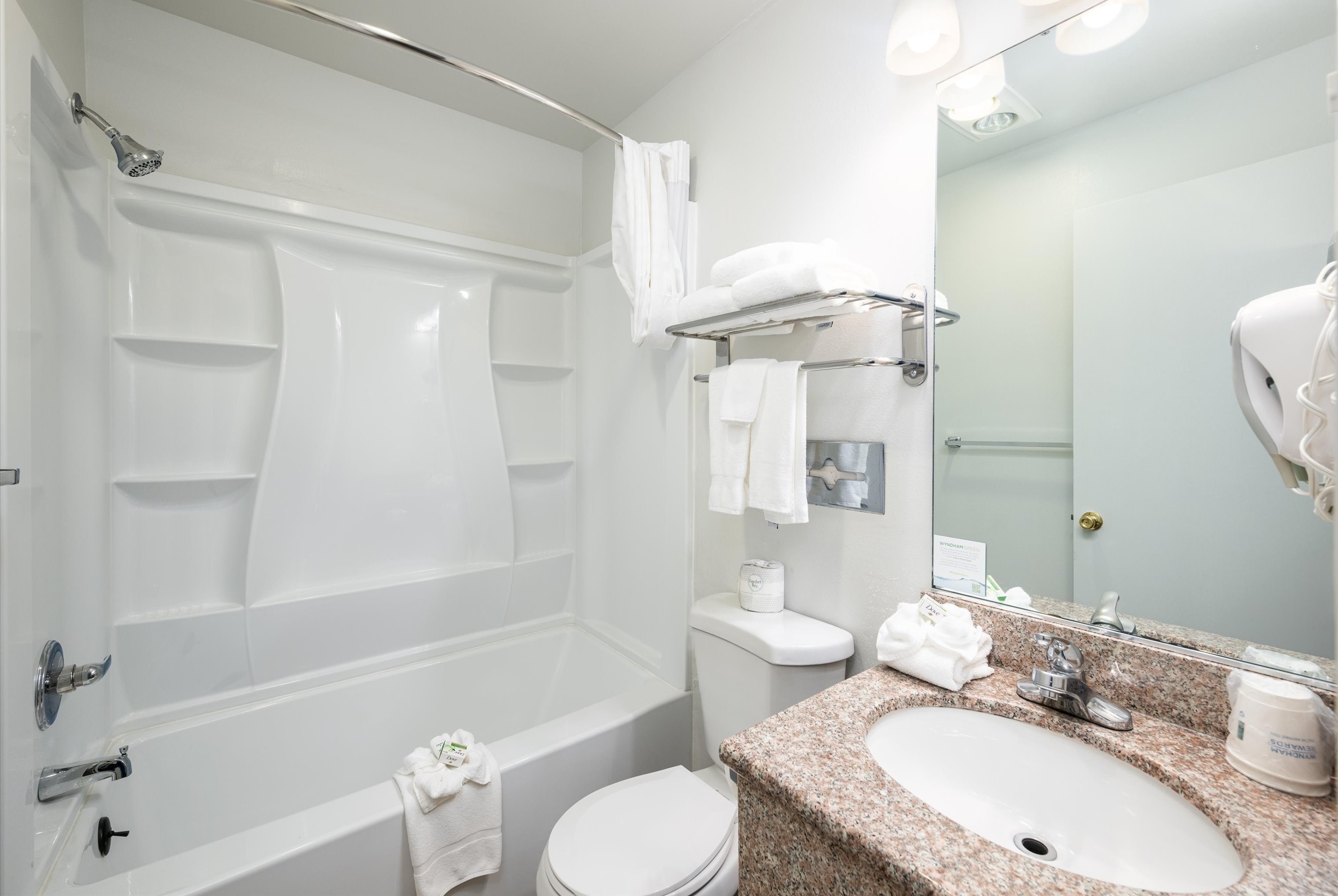 Guest room bath at the Baymont by Wyndham Bellingham in Bellingham, Washington