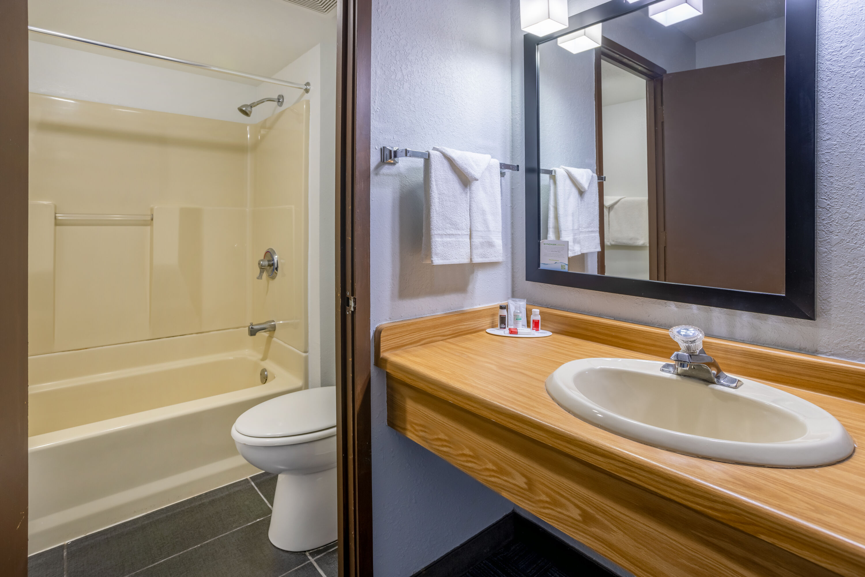 Guest room bath at the Baymont by Wyndham Appleton in Appleton, Wisconsin