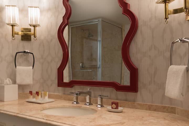 Guest room bath at the Paris Las Vegas in Las Vegas, Nevada