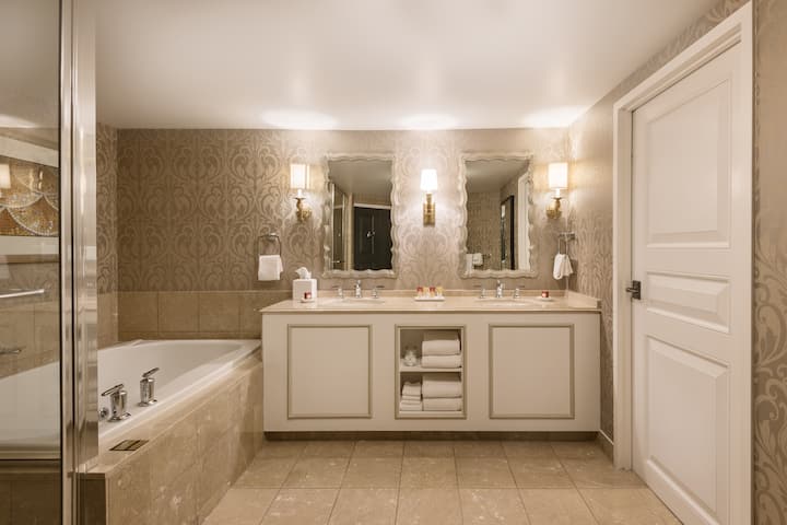 Guest room bath at the Paris Las Vegas in Las Vegas, Nevada