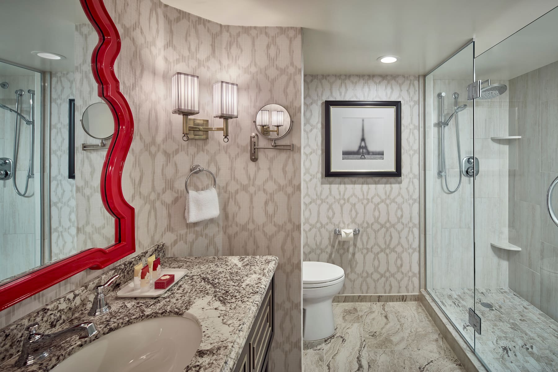 Guest room bath at the Paris Las Vegas in Las Vegas, Nevada