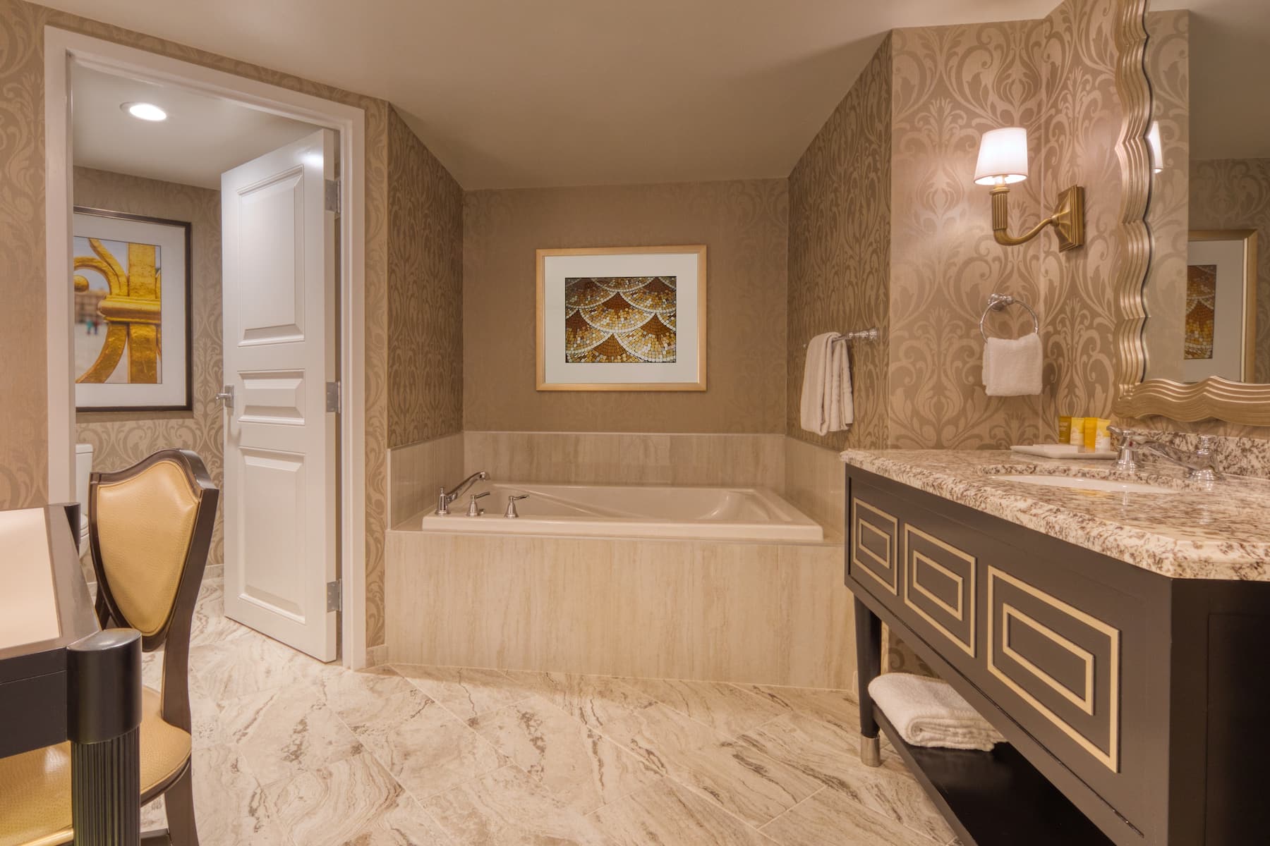 Guest room bath at the Paris Las Vegas in Las Vegas, Nevada