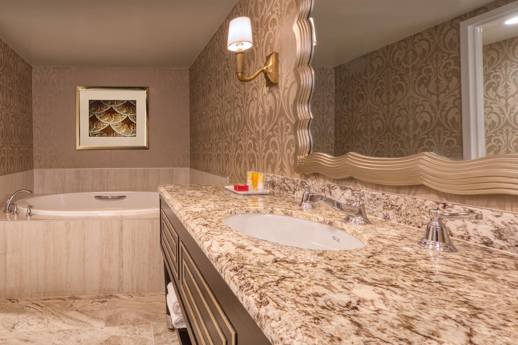 Guest room bath at the Paris Las Vegas in Las Vegas, Nevada