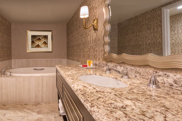 Guest room bath at the Paris Las Vegas in Las Vegas, Nevada