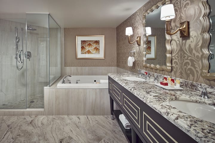 Guest room bath at the Paris Las Vegas in Las Vegas, Nevada
