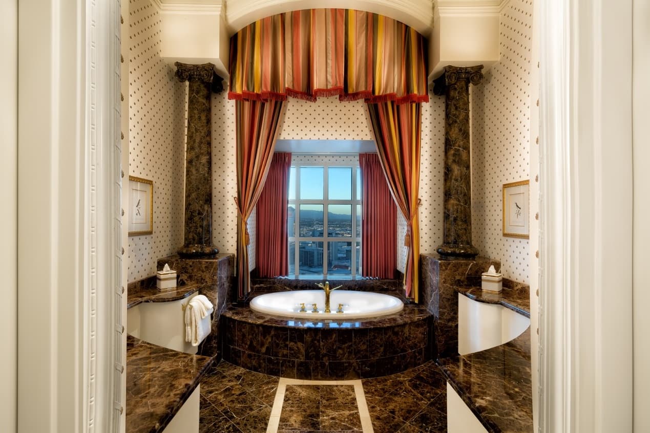 Guest room bath at the Paris Las Vegas in Las Vegas, Nevada