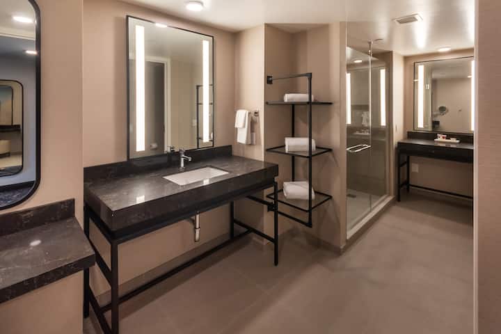 Guest room bath at the Caesars Republic Lake Tahoe in Stateline, Nevada